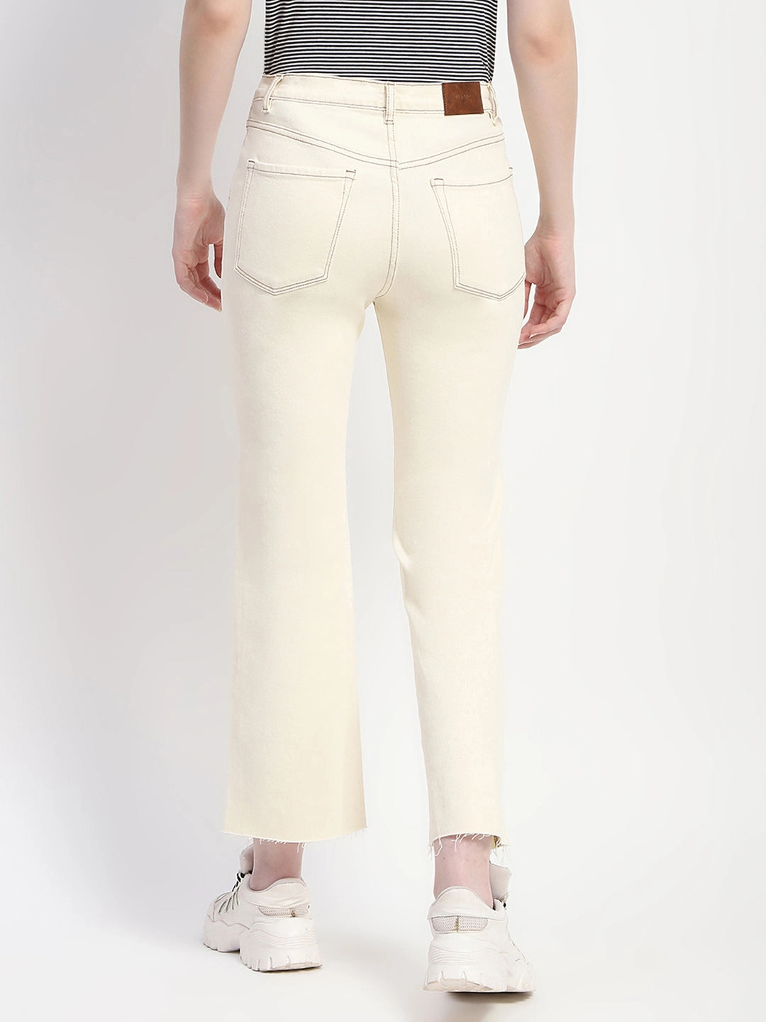 Beach Day Versatile Soft Outdoor Adventure Stylish Madame Off-White Distressed Hem Flared Denim