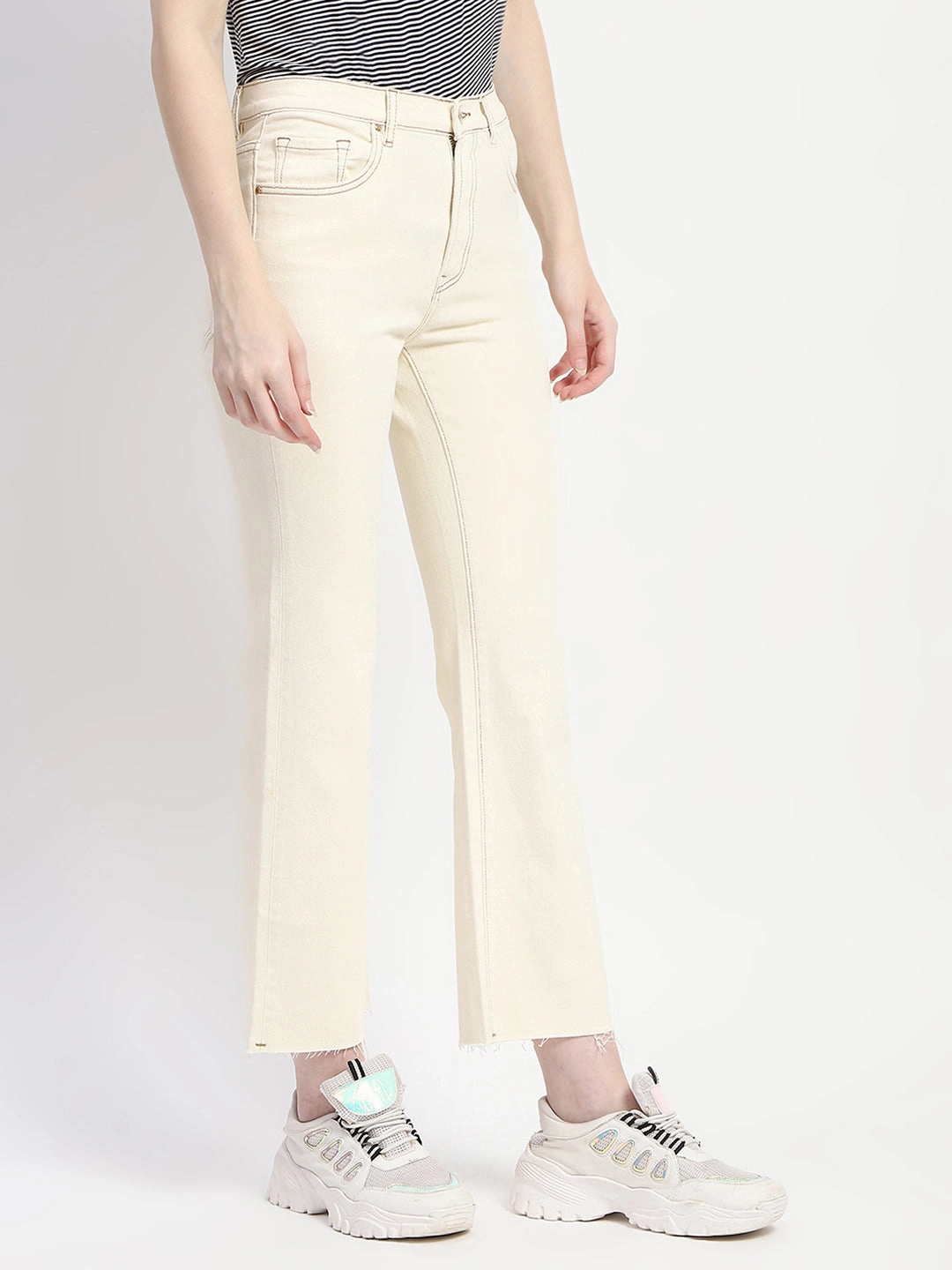 Madame Off-White Distressed Hem Flared Denim Minimalist Style Family Style Comfy Colorfast Denim