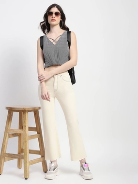 Madame Off-White Distressed Hem Flared Denim Beach Day Versatile Soft Smart Layer