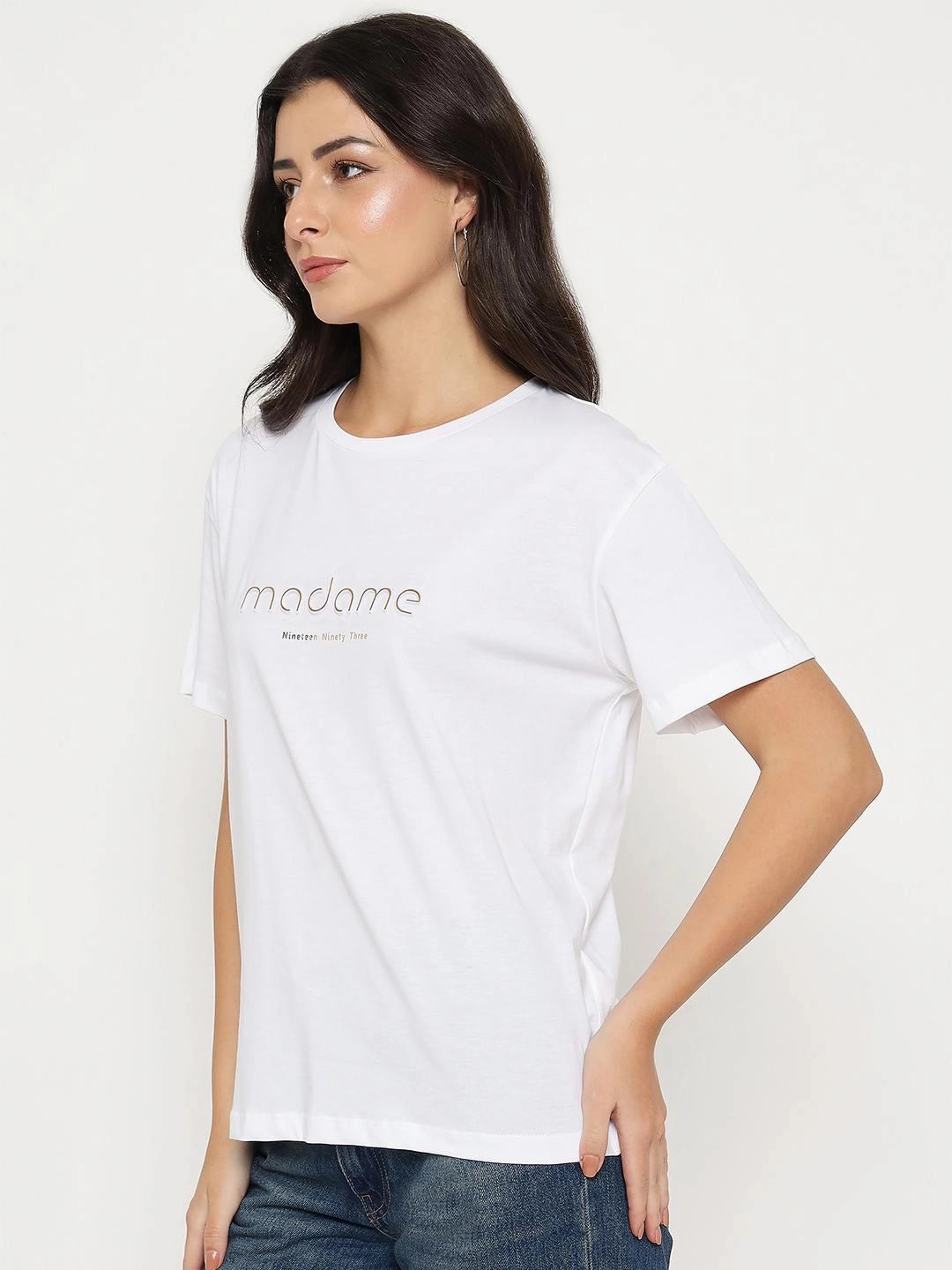 Madame Tyopgraphy Print White Cotton T-shirt Work efficiency