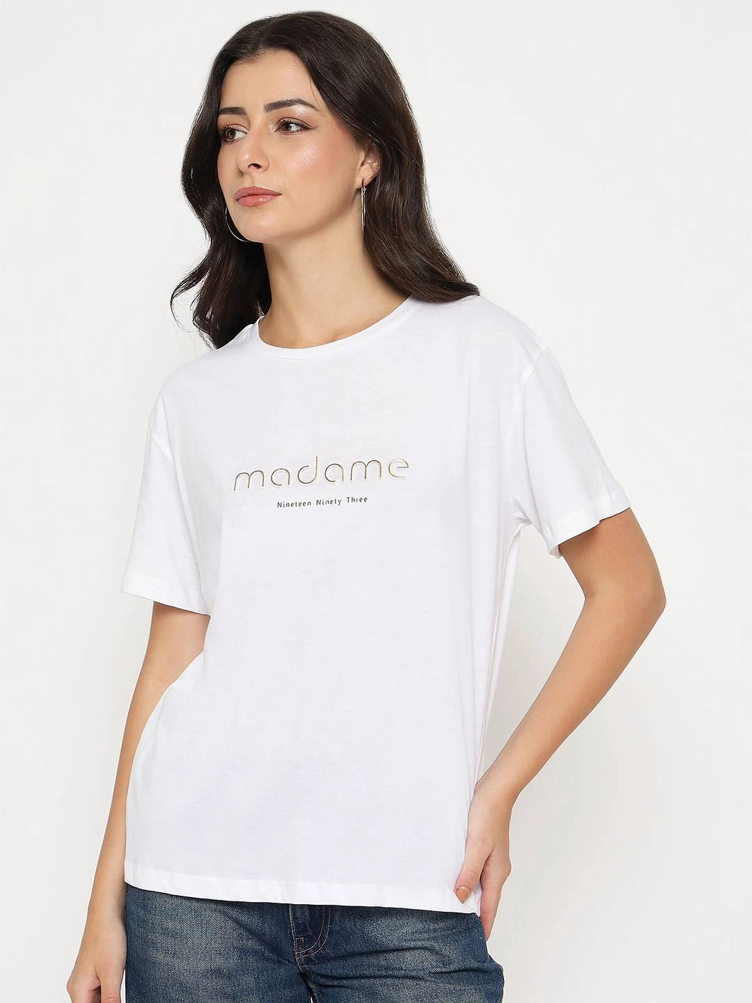 Cozy Feeling Comfy Vibes Madame Tyopgraphy Print White Cotton T-shirt