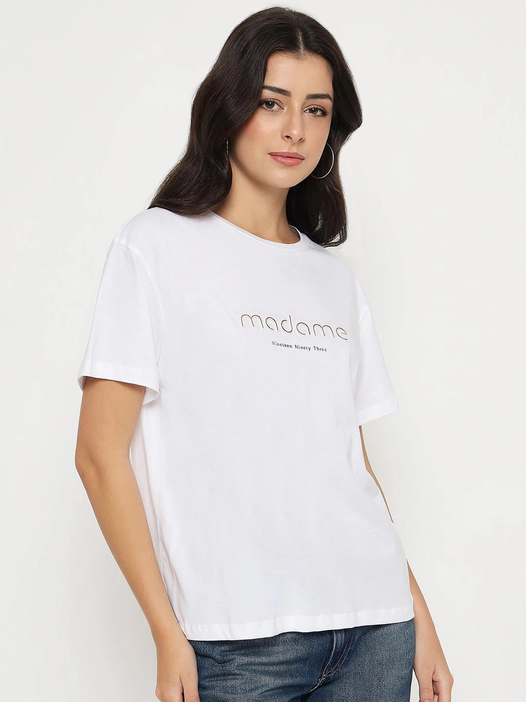 Madame Tyopgraphy Print White Cotton T-shirt Adult sophistication