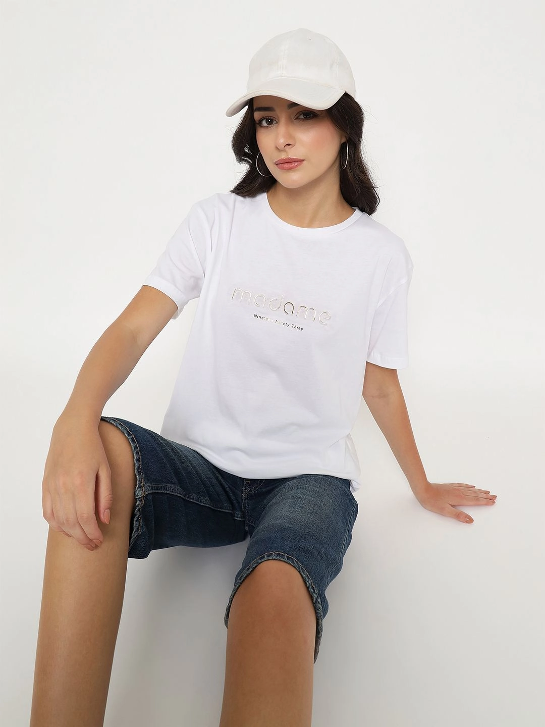 Madame Tyopgraphy Print White Cotton T-shirt Sporty Flex Simple Yet Elegant