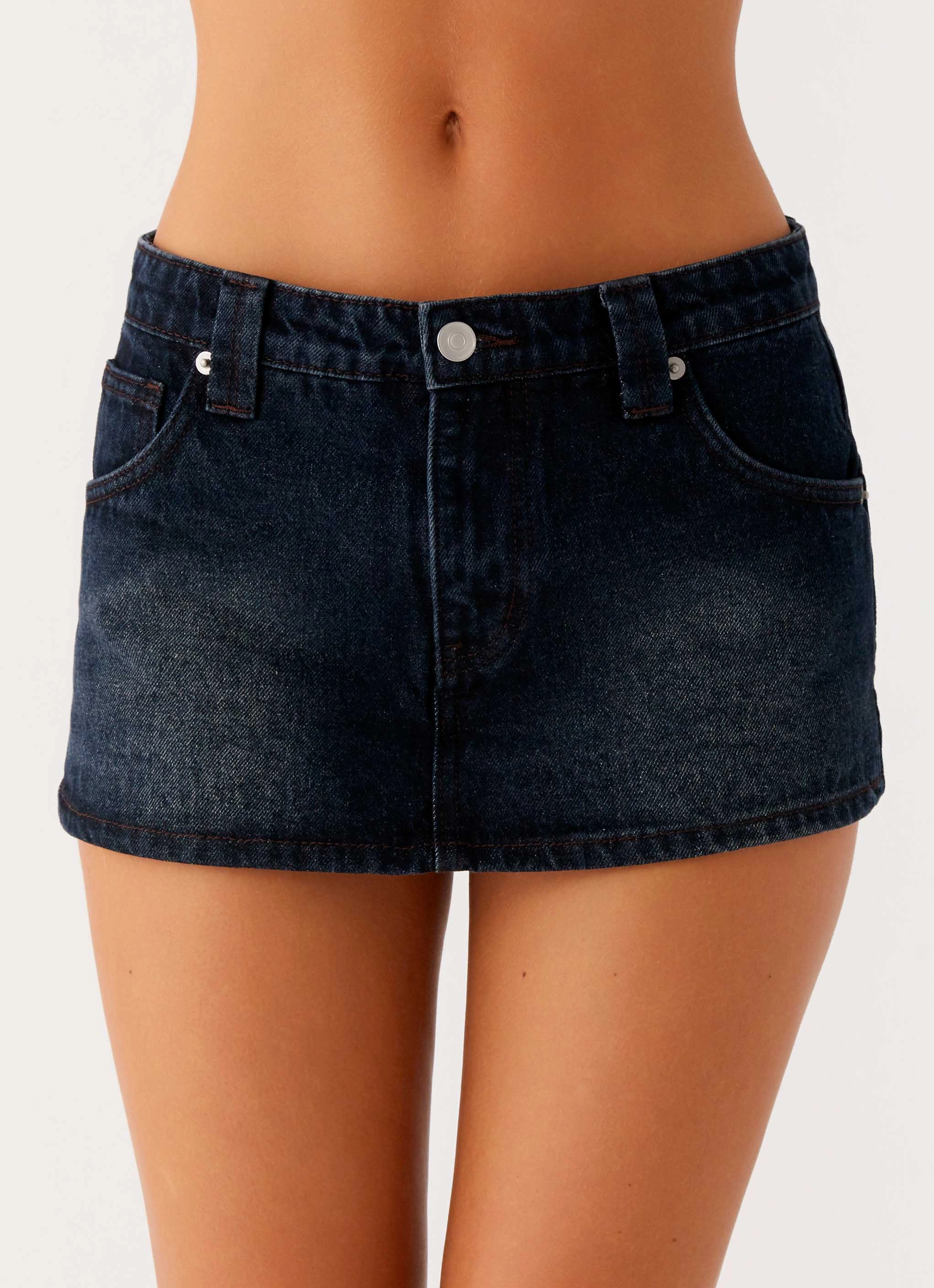 Tropics Low Rise Denim Mini Skort - Washed Dark Blue Organic Cotton