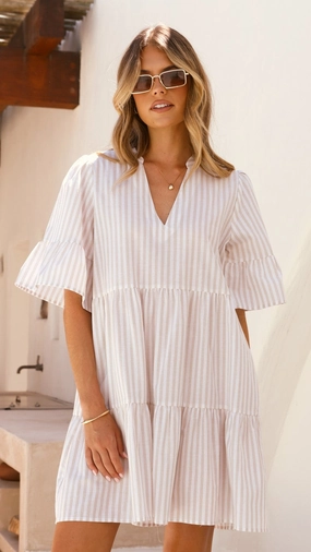 Classic structured dress Urban Drape Tarnie Mini Dress - Beige Stripe