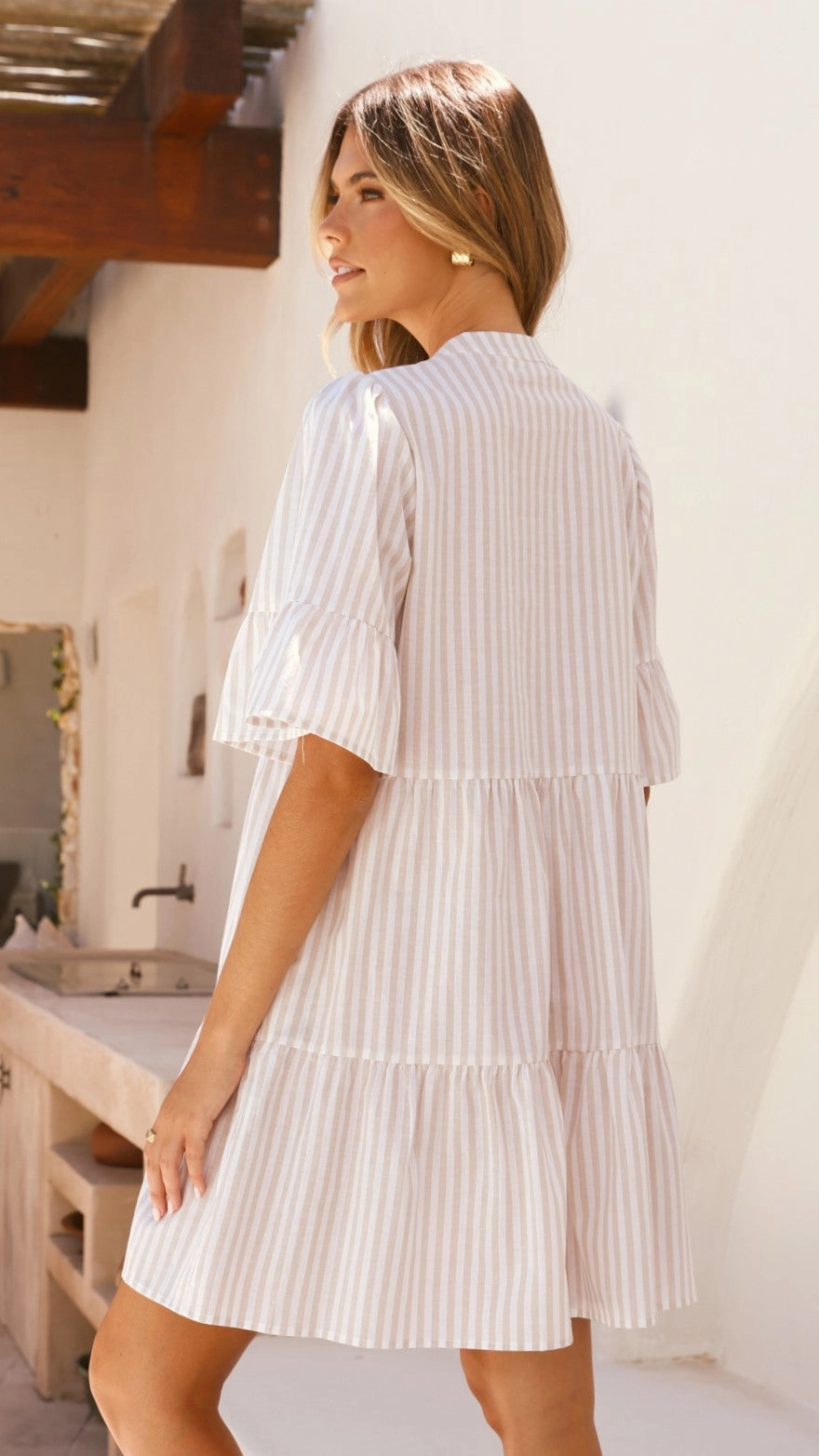 Elegant Charm Tarnie Mini Dress - Beige Stripe