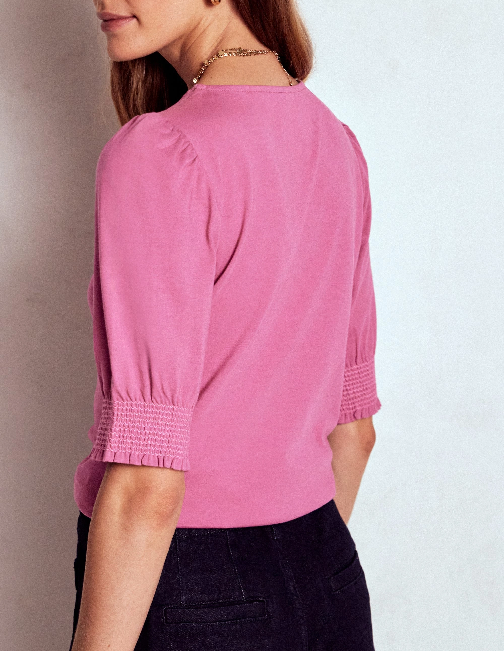 Short Sleeve Smocked Cuff Top-Purple Damson Tencel Cotton Hybrid Weave