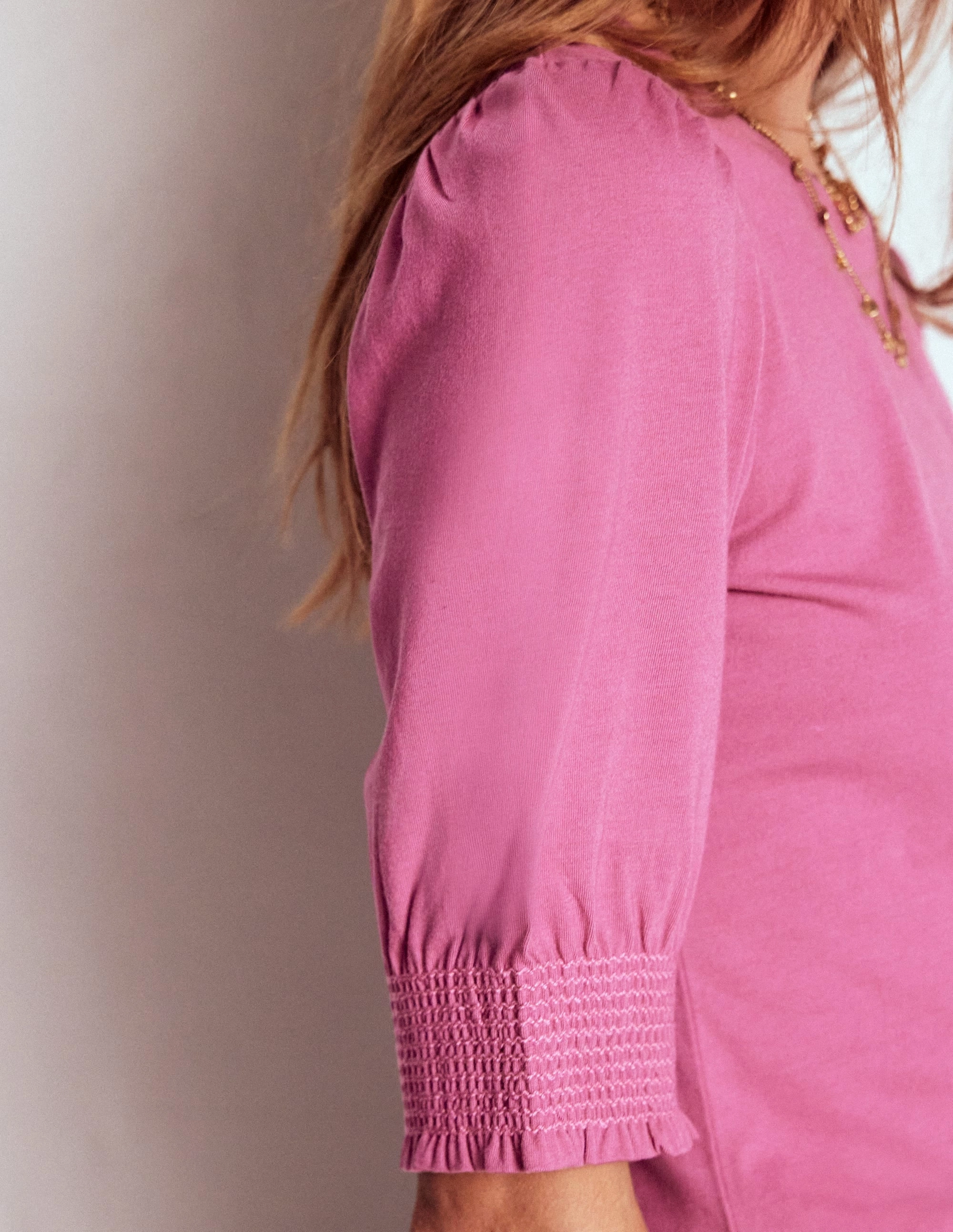 Drop Shoulder Cut Short Sleeve Smocked Cuff Top-Purple Damson