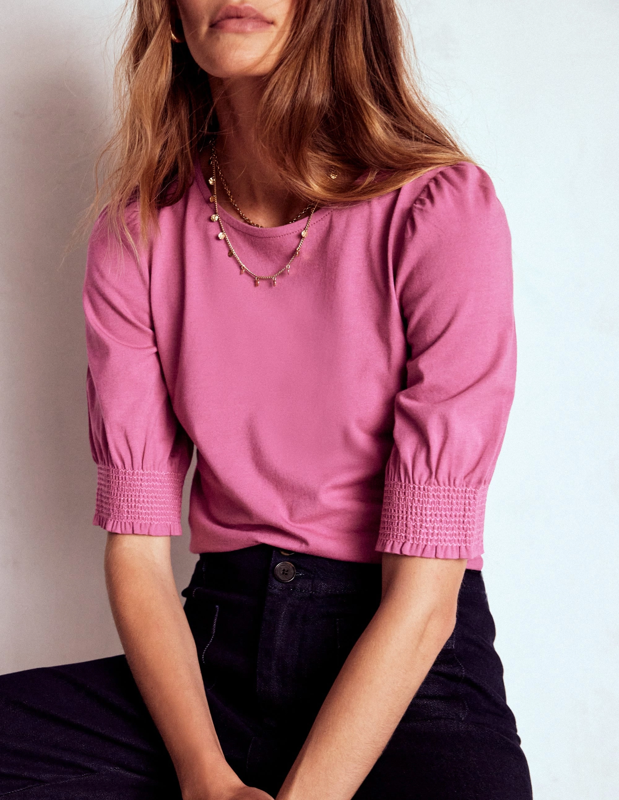 Casual Blouse Short Sleeve Smocked Cuff Top-Purple Damson