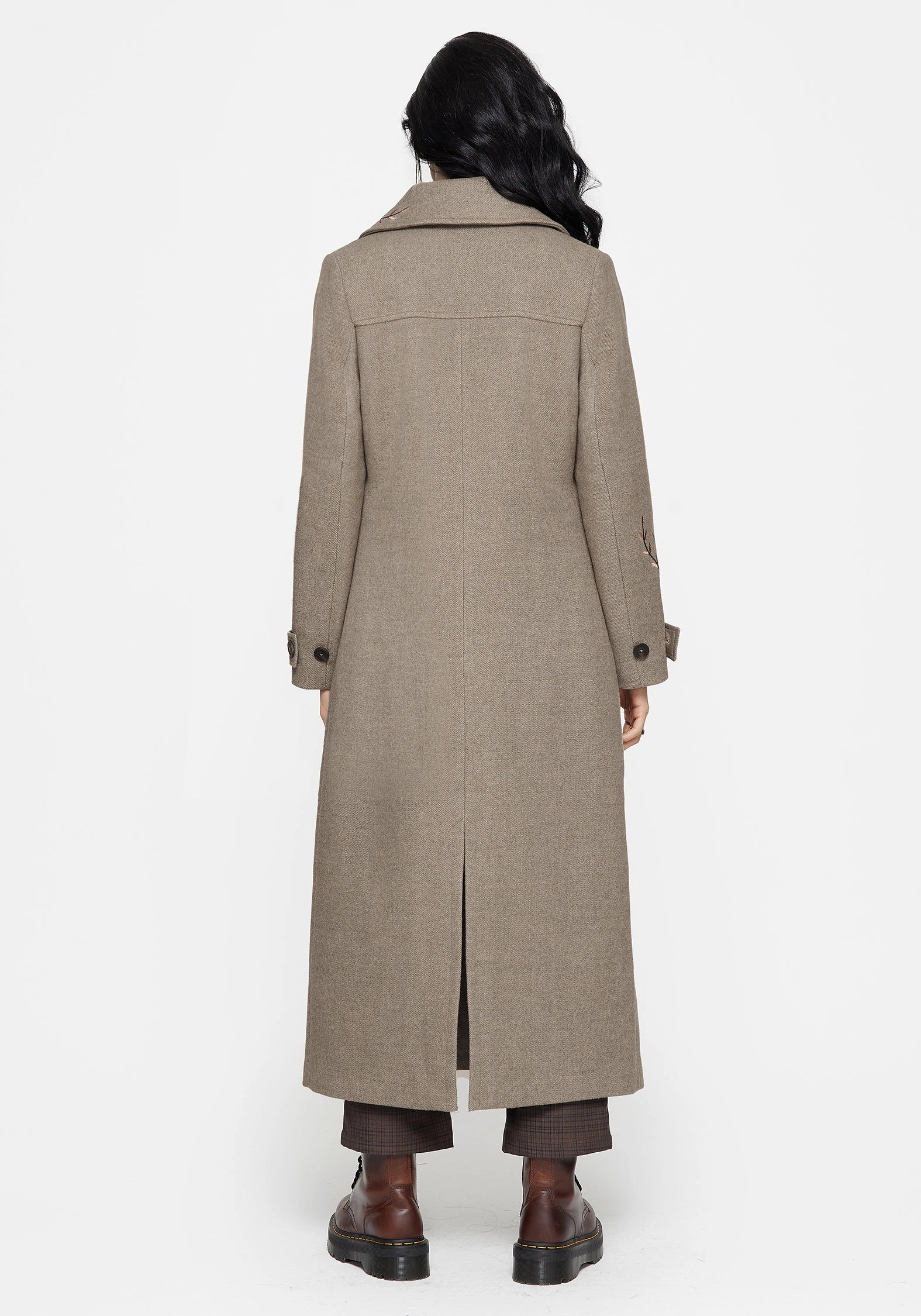 Valeria Floral Moth Embroidered Herringbone Longline Coat Teflon Coated