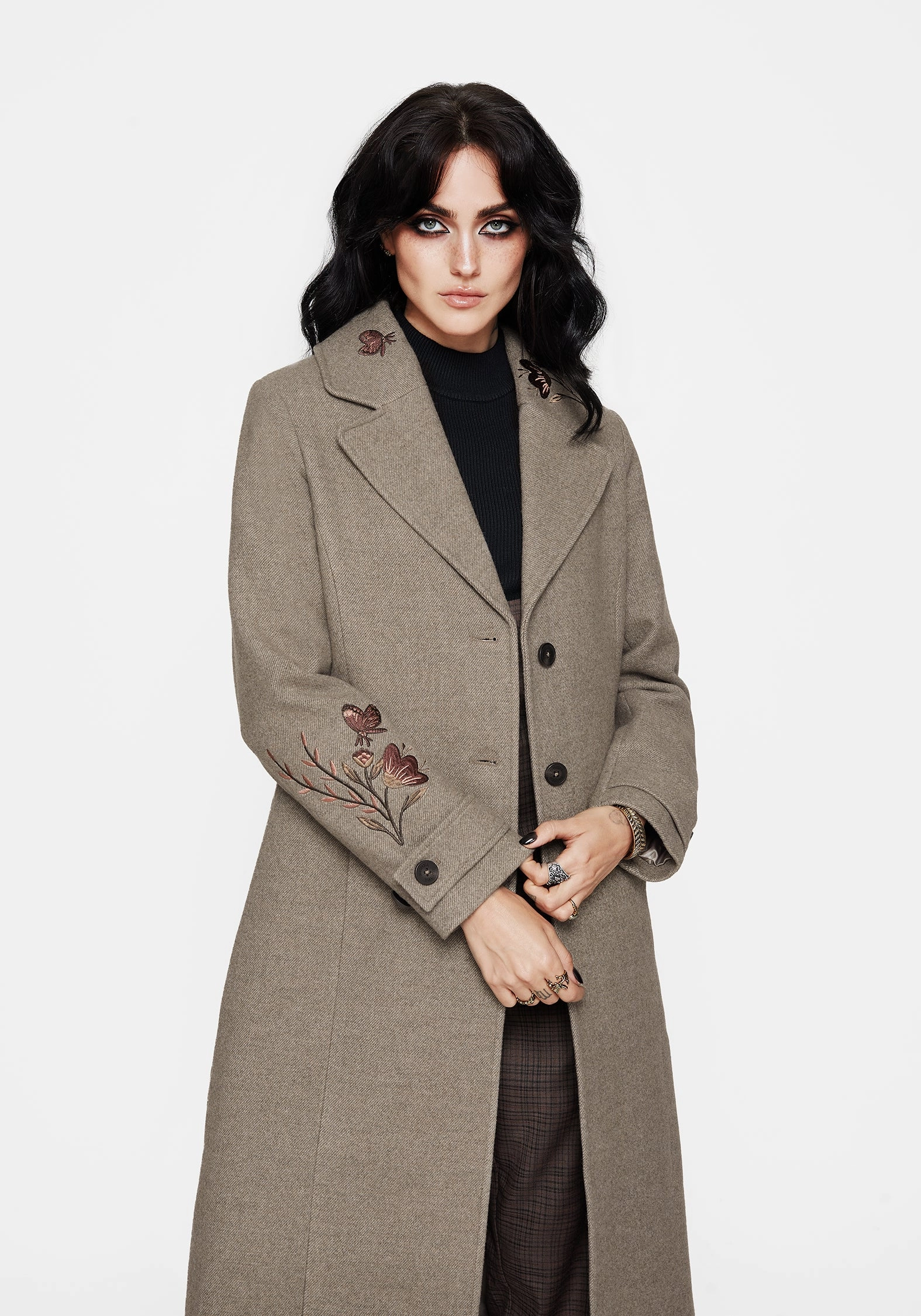 StretchableMaterial Thermo Regulating Valeria Floral Moth Embroidered Herringbone Longline Coat