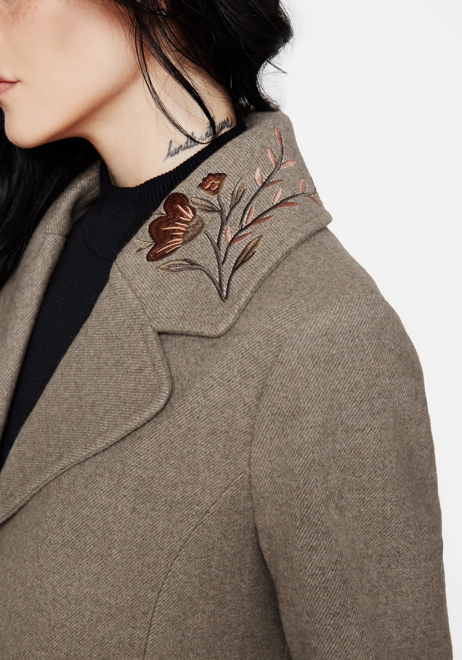 Valeria Floral Moth Embroidered Herringbone Longline Coat Contrast Stitch High Performance Blend