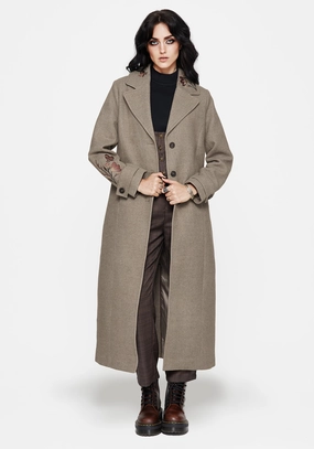 Seamless construction MultiPocketLayout Valeria Floral Moth Embroidered Herringbone Longline Coat