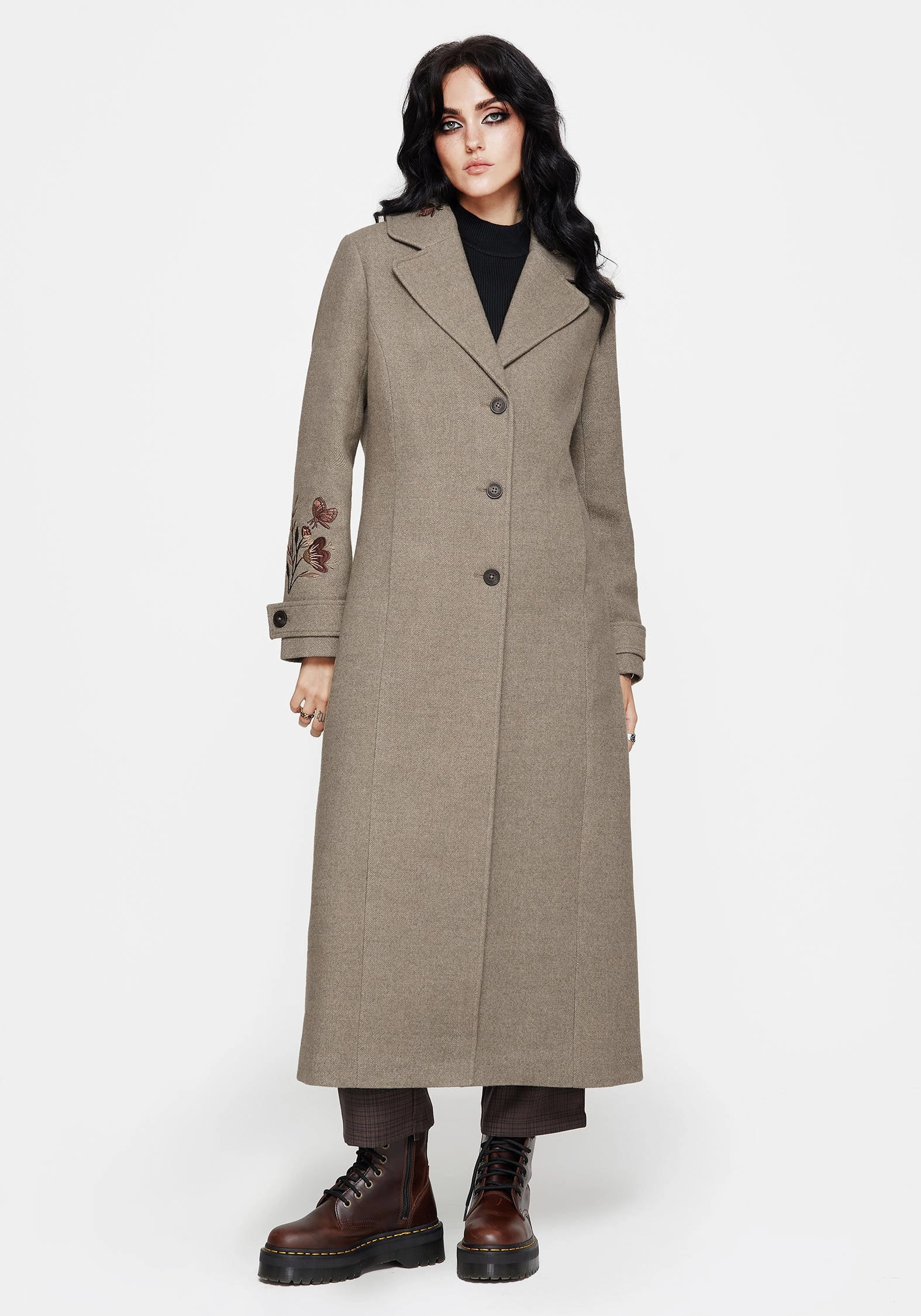 Valeria Floral Moth Embroidered Herringbone Longline Coat All weather