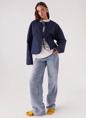 Faded Fall Quilted Jacket - Vintage Blue Wash Convertible styles Designer Inspired