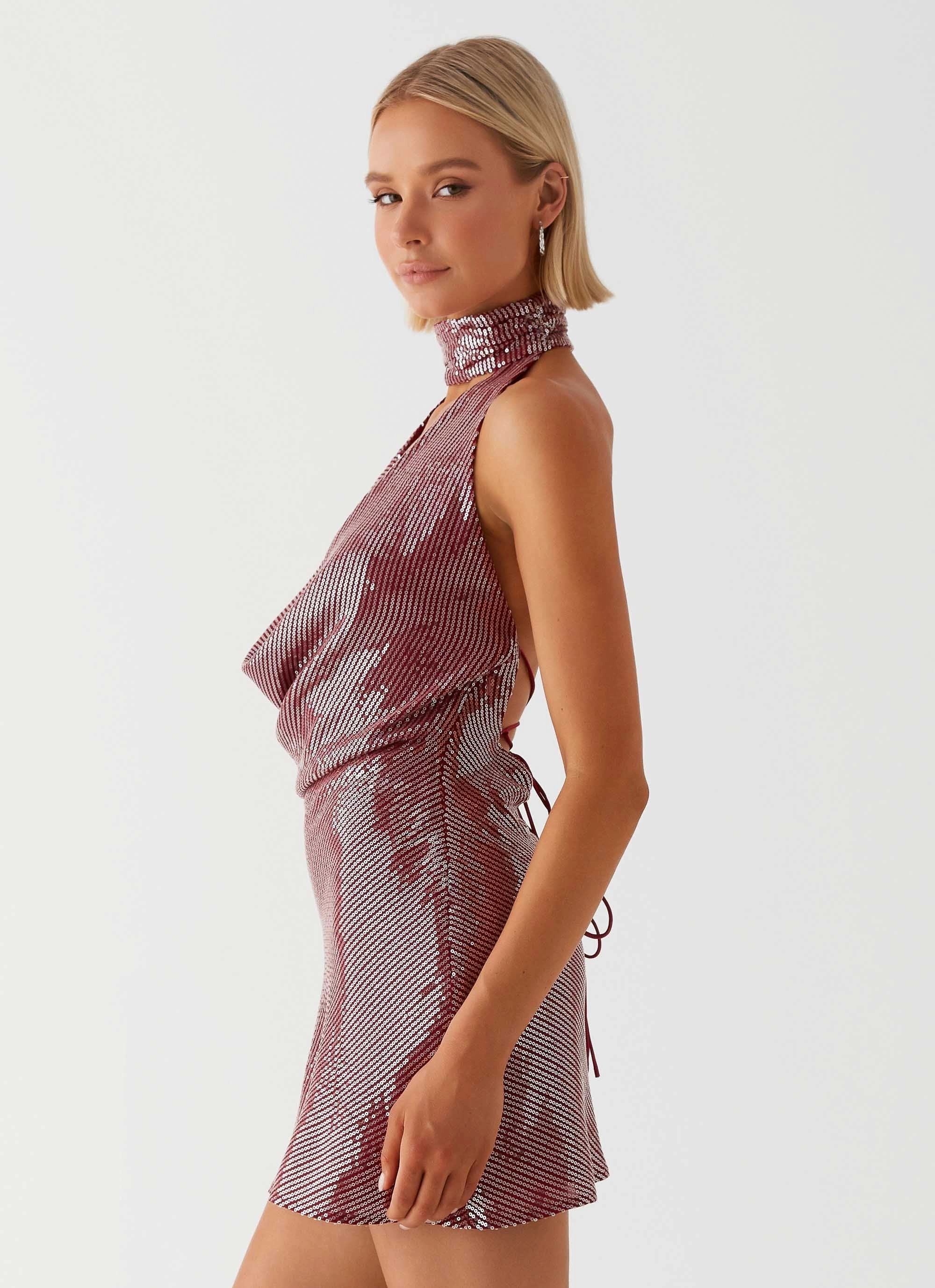 Chilly Weather Comfort Nora Sequin Cowl Neck Mini Dress - Red