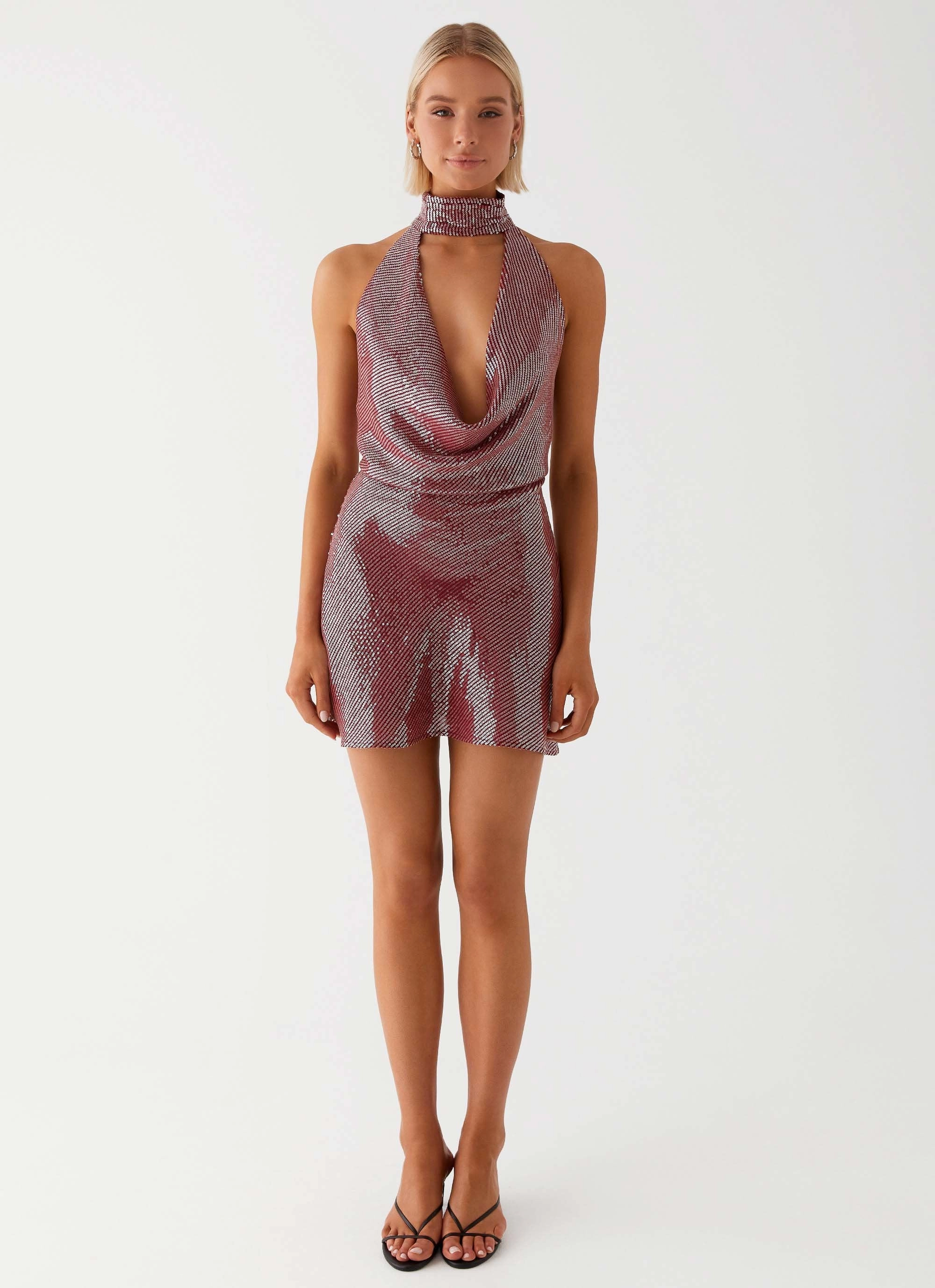 Smooth Design Sophisticated Touch Nora Sequin Cowl Neck Mini Dress - Red