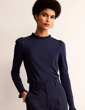 Supersoft Frill Detail Top-Navy Ribbed Trims