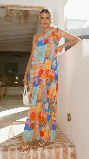 Paxton One Shoulder Maxi Dress - Tropical Abstract Warm Palette