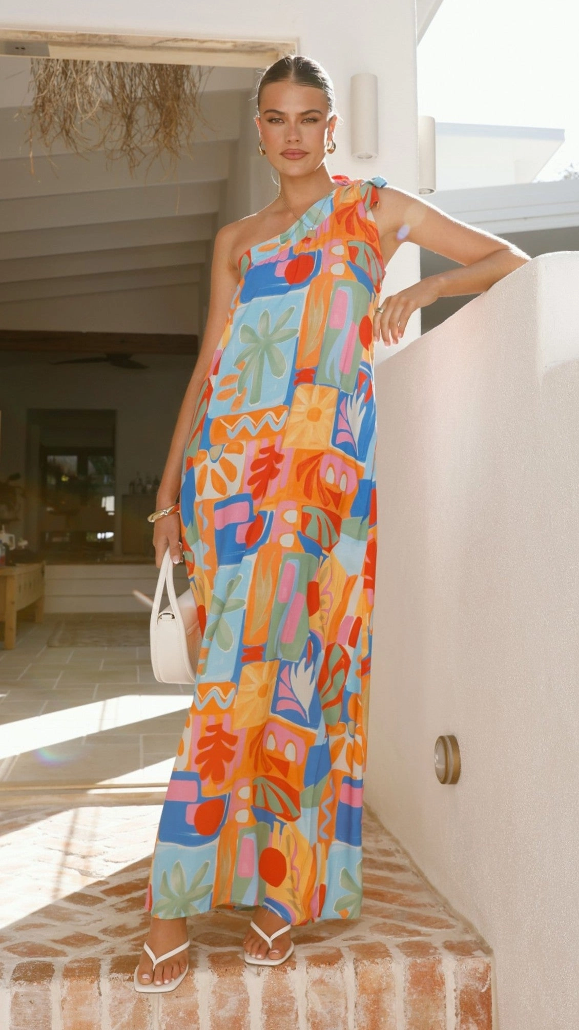 Paxton One Shoulder Maxi Dress - Tropical Abstract Warm Palette