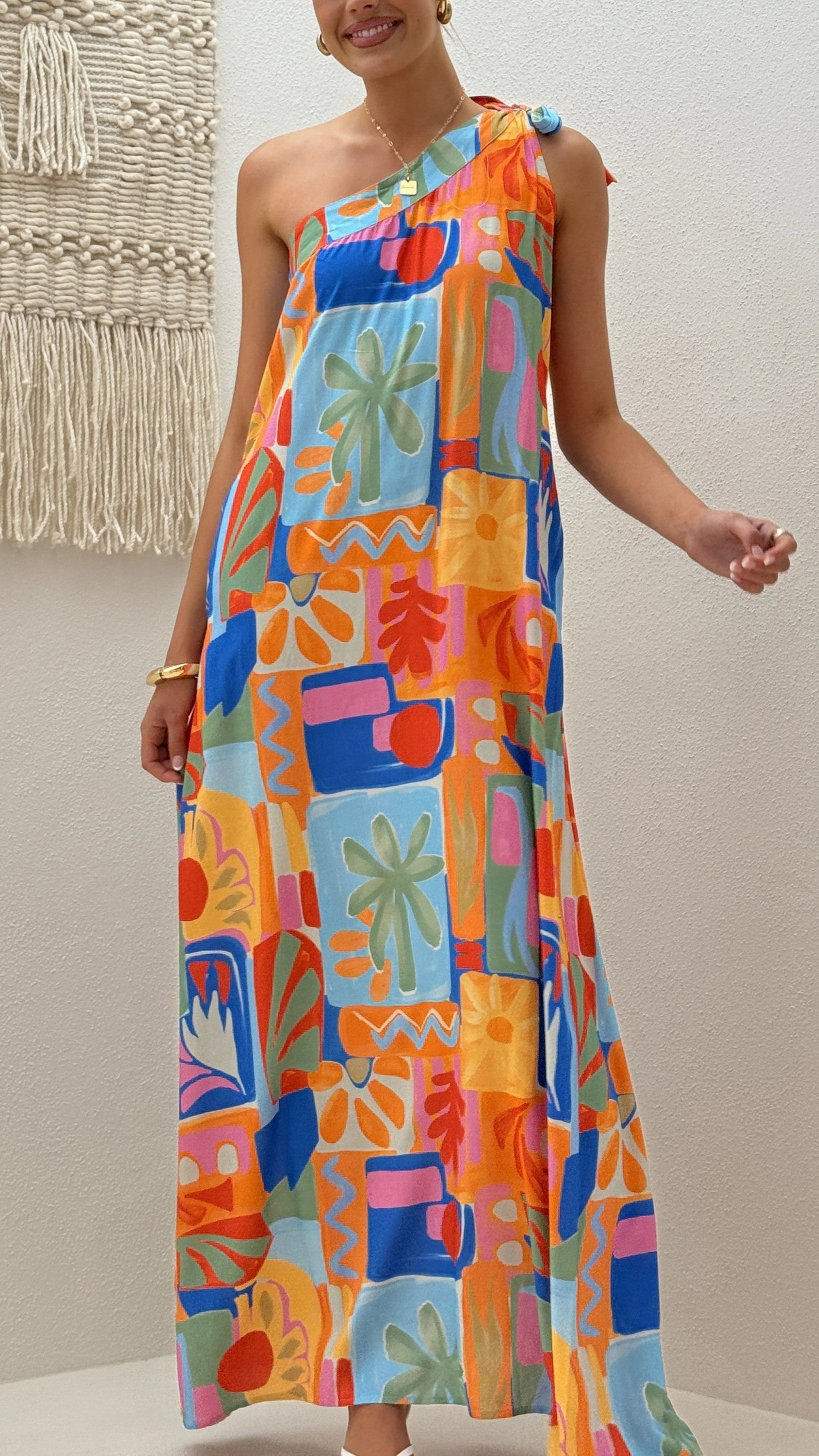 Cozy Wear Paxton One Shoulder Maxi Dress - Tropical Abstract
