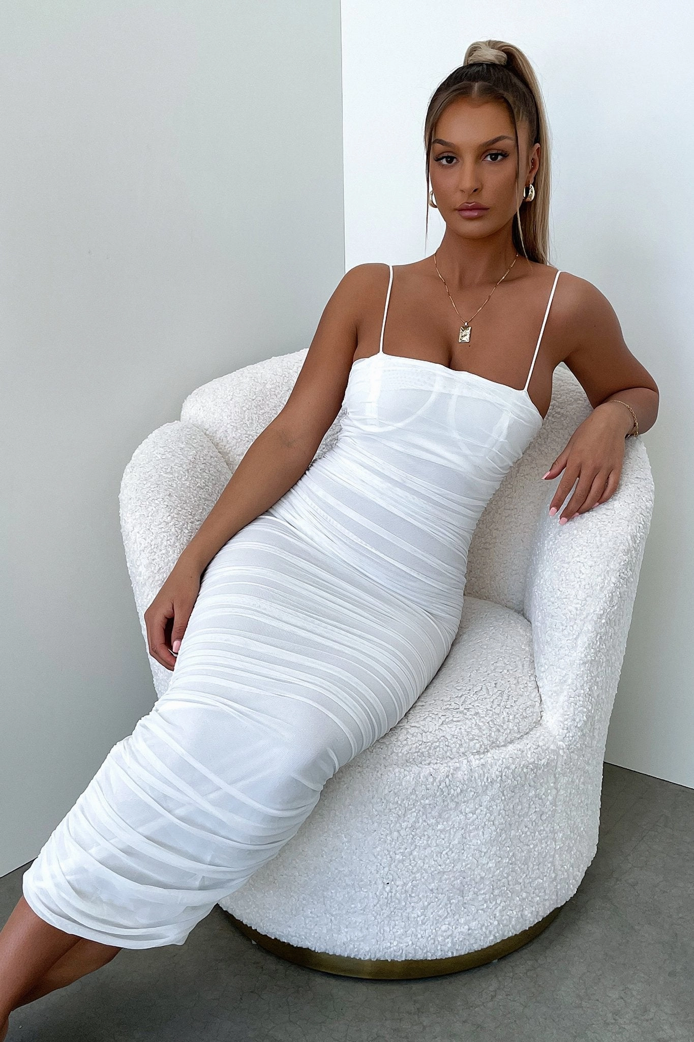 Versatile Wearable Layer Light Zena Mesh Full Length Dress - White