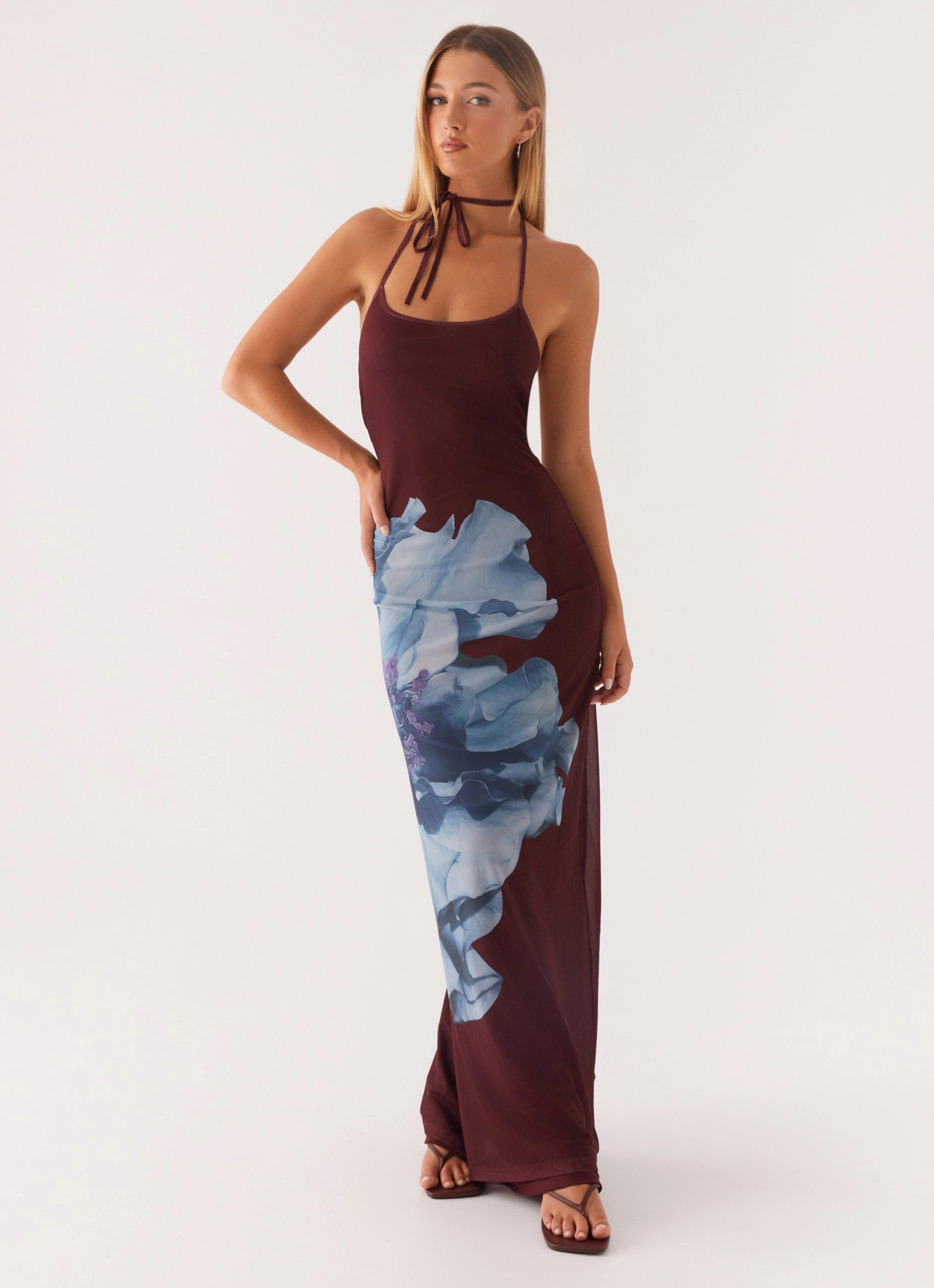 Lounge Cut Dayana Halterneck Maxi Dress - Maroon Print