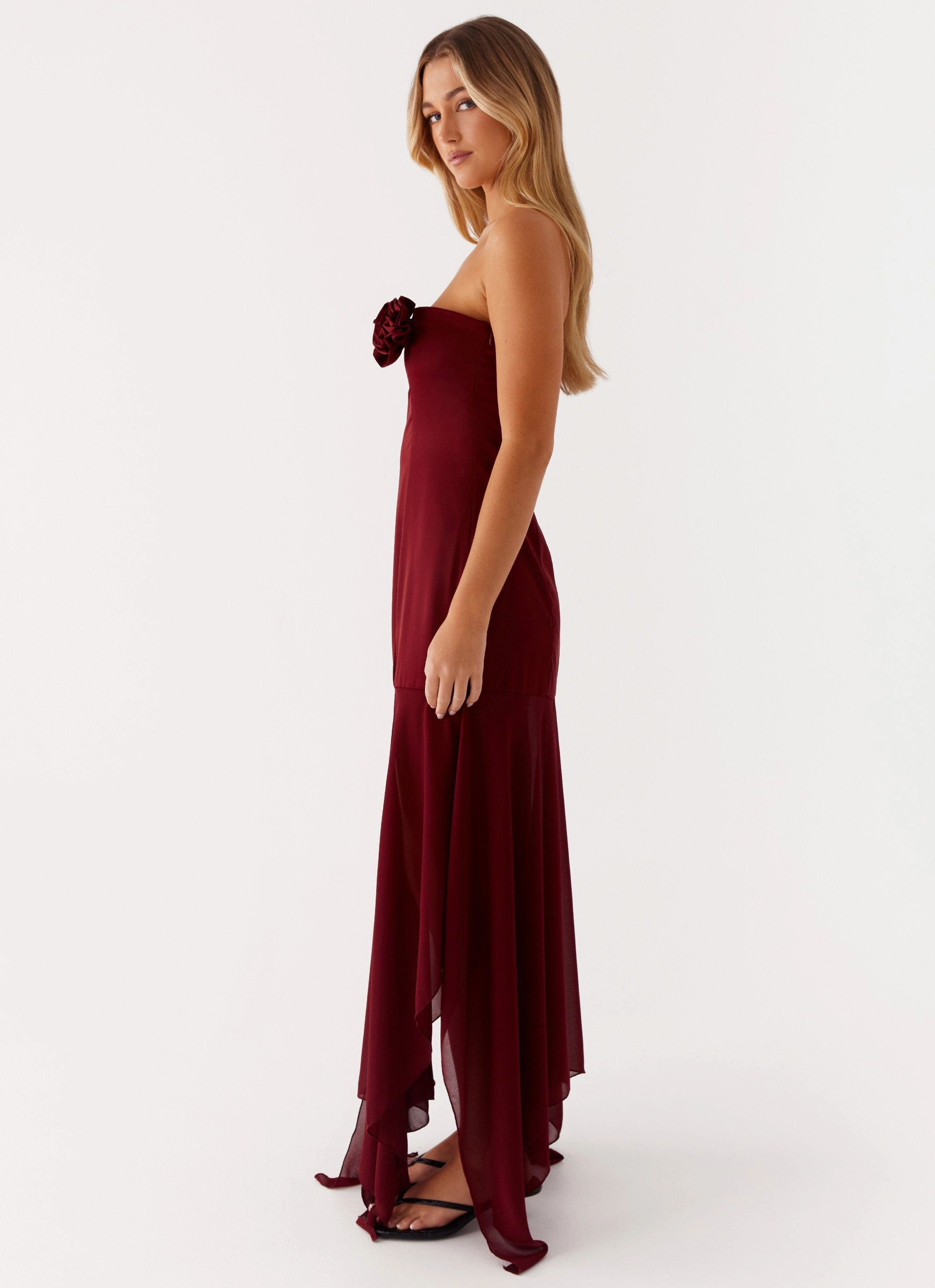 Beadwork High-waist Collision Satin Maxi Dress - Cherry Red
