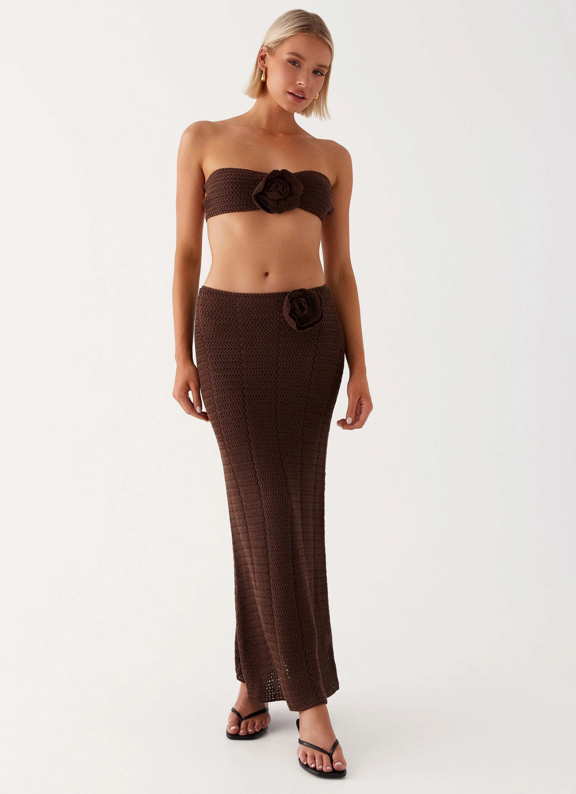 Slip Resistant Waist Kelcie Rose Crochet Maxi Skirt - Chocolate