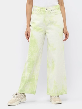 Madame Tie-Dye Green Wide Leg Jeans Softened Fabric Matching Basic