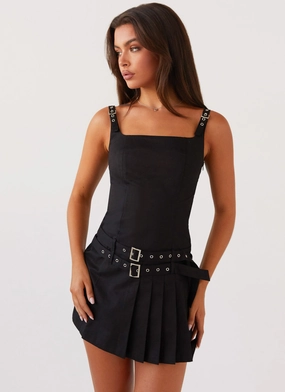 velvet feel Lynette Buckle Mini Dress - Black