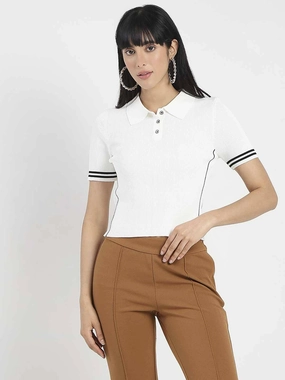 Casual Layer Wear Madame Contrast Trim Polo Neck White Knitted T-shirt