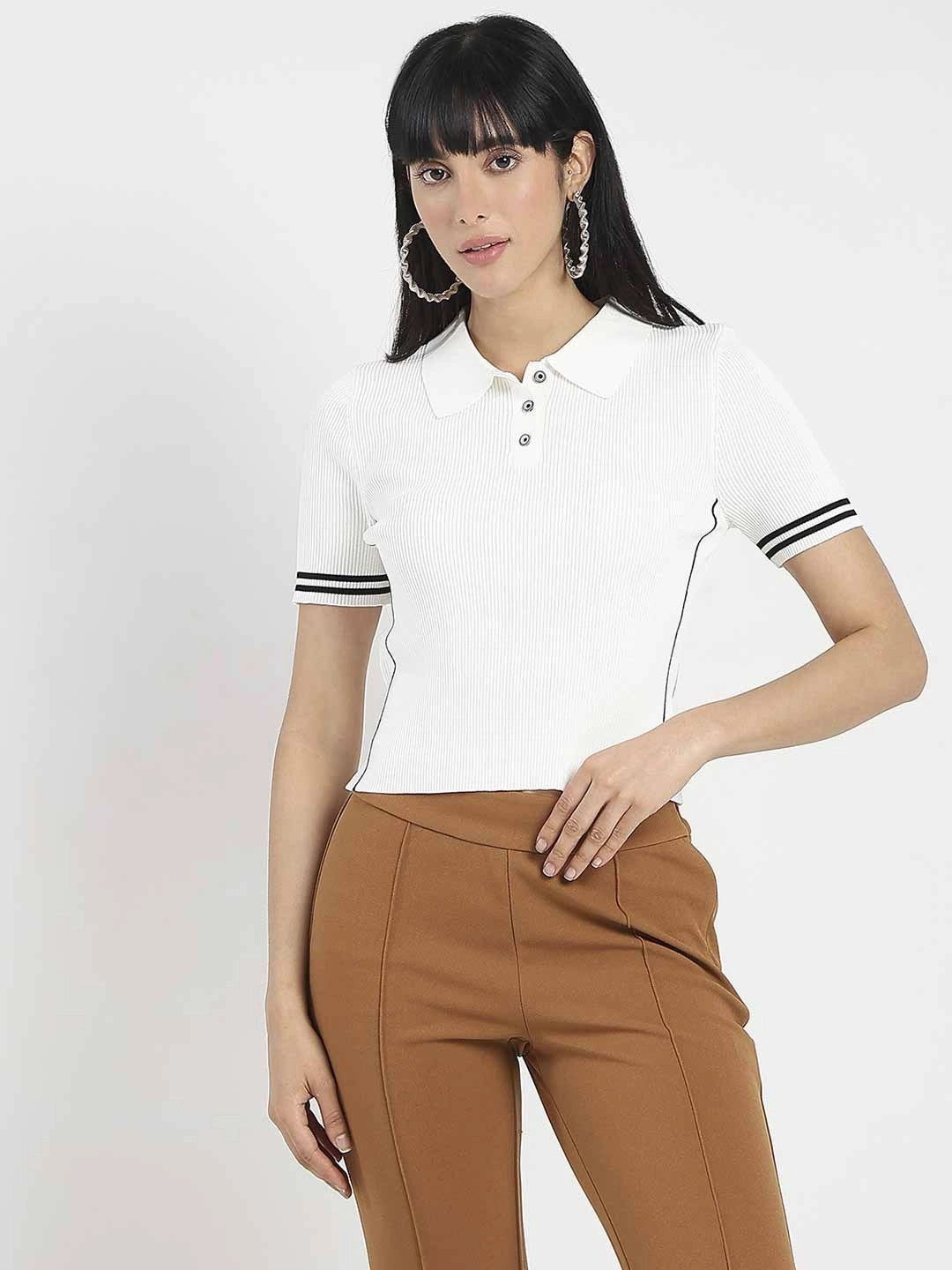 Casual Layer Wear Madame Contrast Trim Polo Neck White Knitted T-shirt