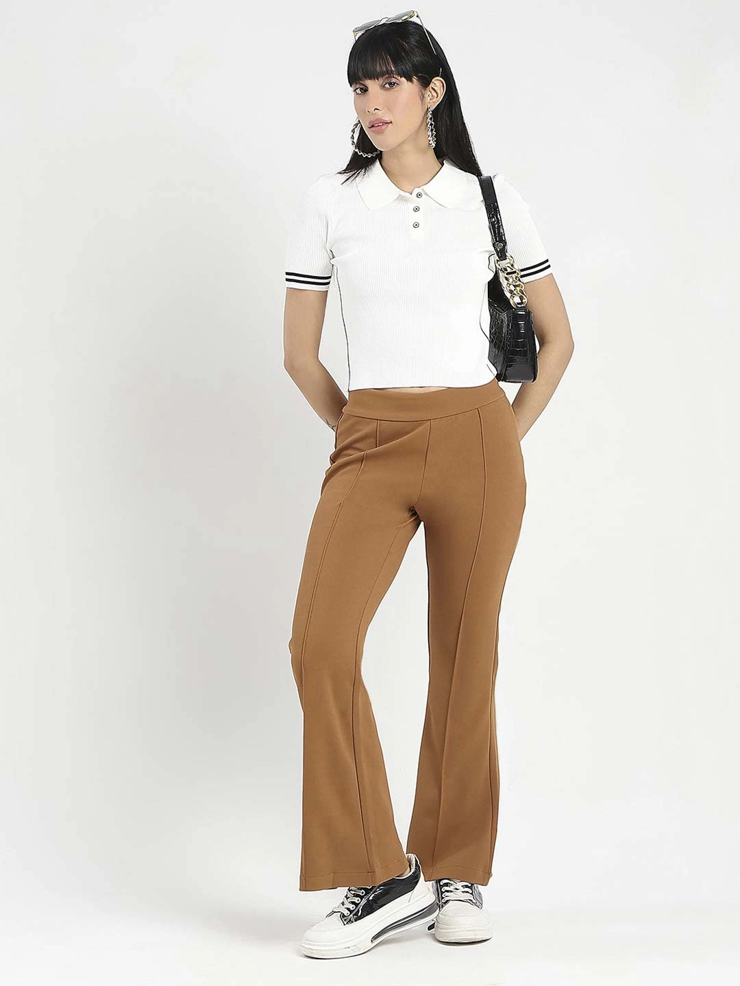 Stylish Comfort Madame Contrast Trim Polo Neck White Knitted T-shirt