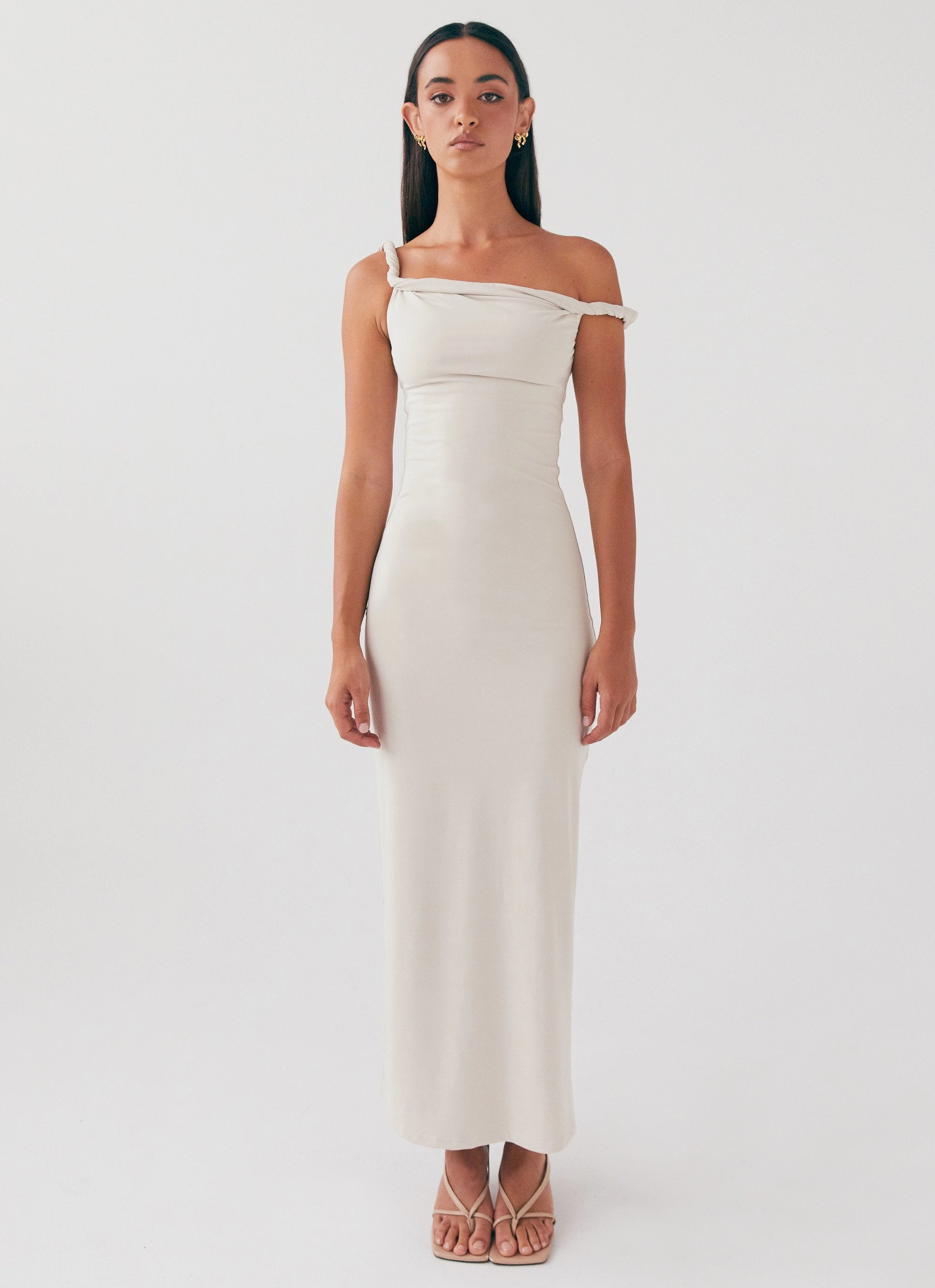 Layer Ready Soft-Lining Arabella Twist Shoulder Maxi Dress - Beige