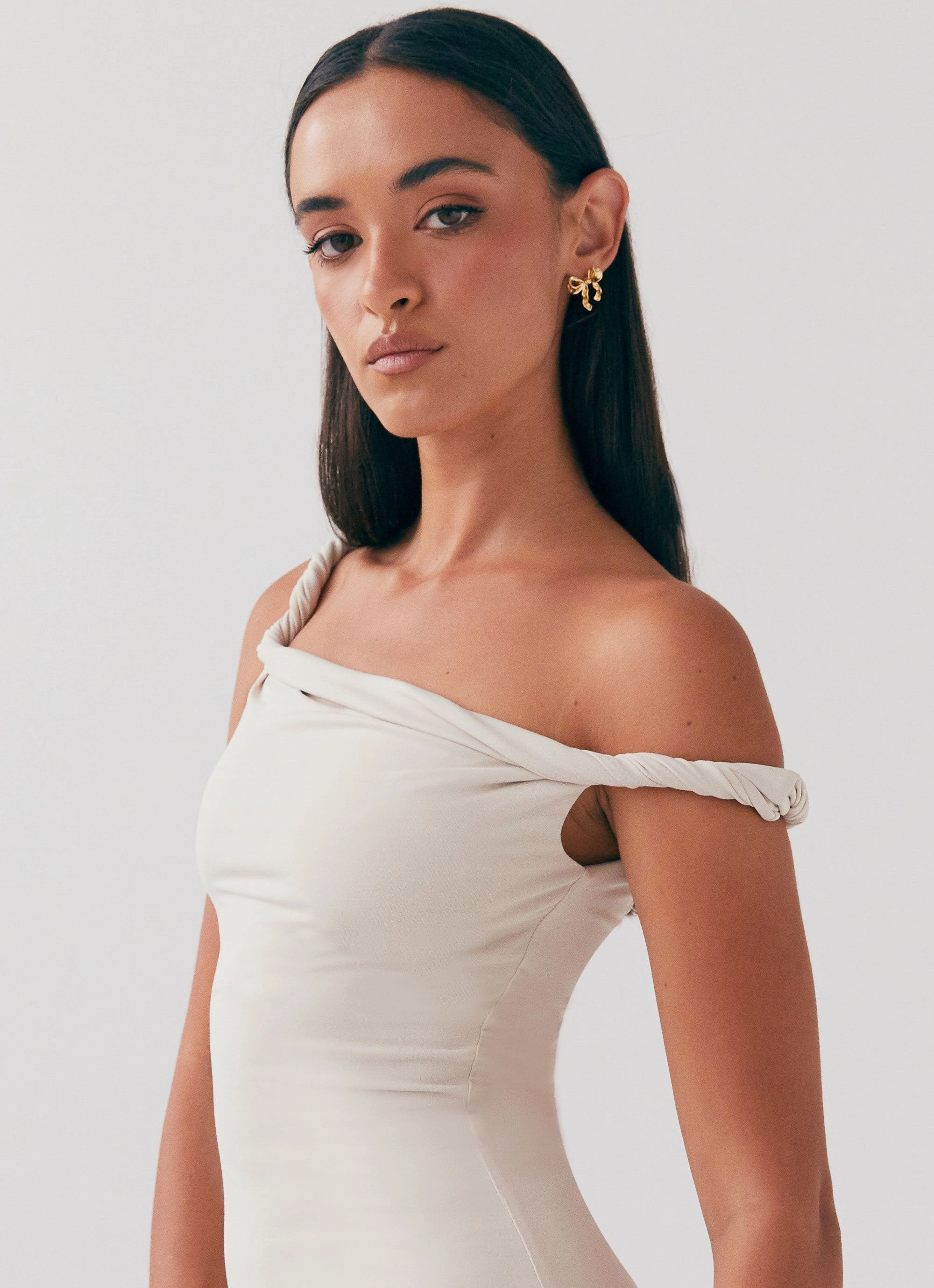 Arabella Twist Shoulder Maxi Dress - Beige Anniversary-Event Perfect Layers