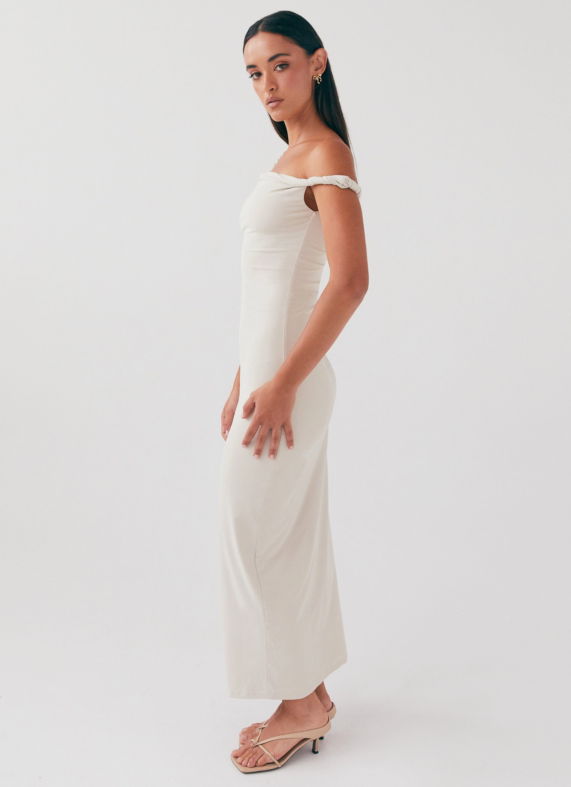 Arabella Twist Shoulder Maxi Dress - Beige petite size Halter neck