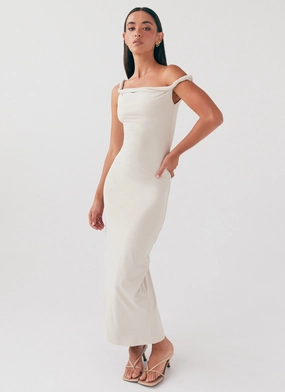 Arabella Twist Shoulder Maxi Dress - Beige Artistic Shape Night Party