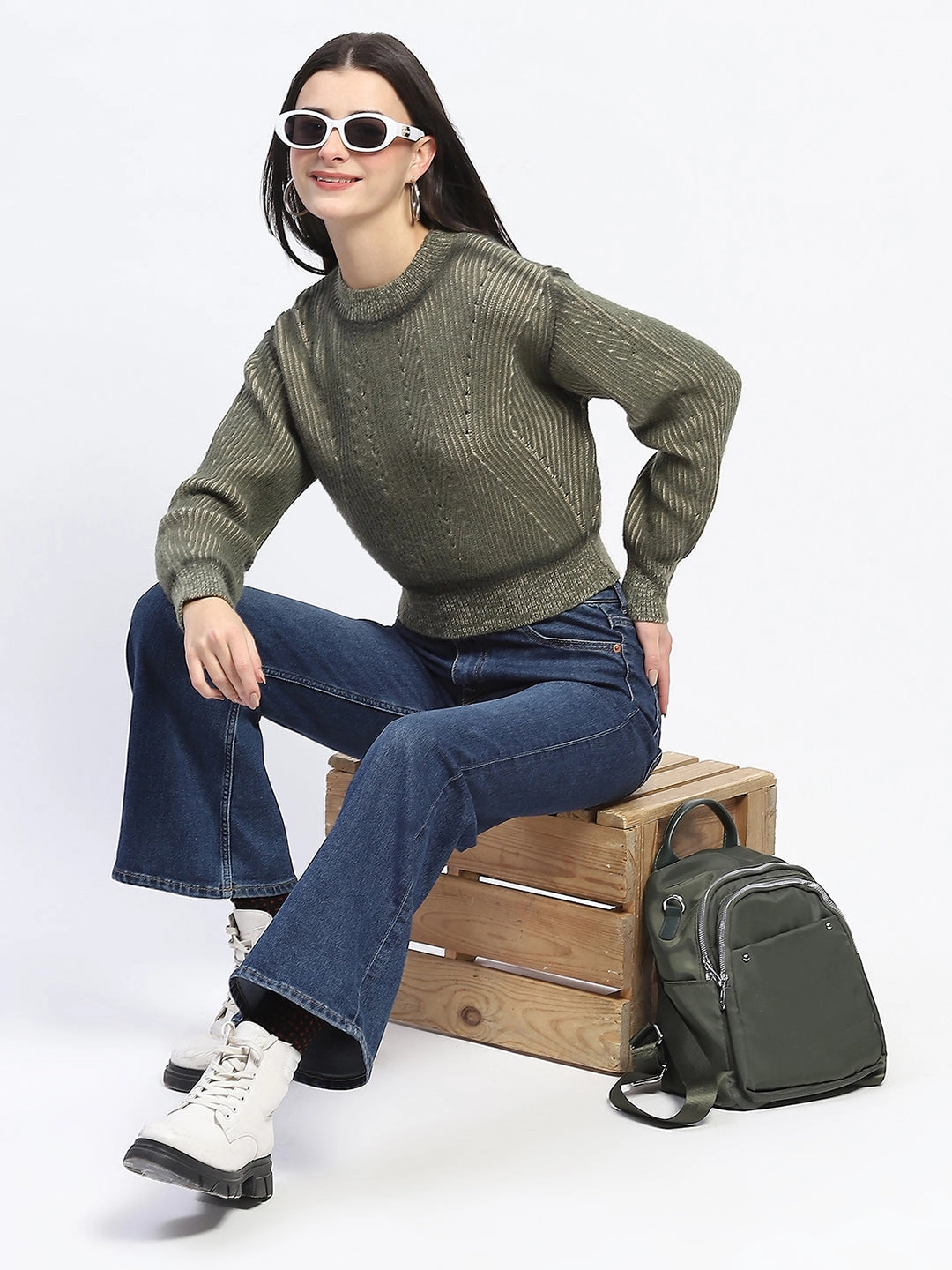 Casual Active Wear Madame Geometric Print Ribbed Cuffs Green Sweater