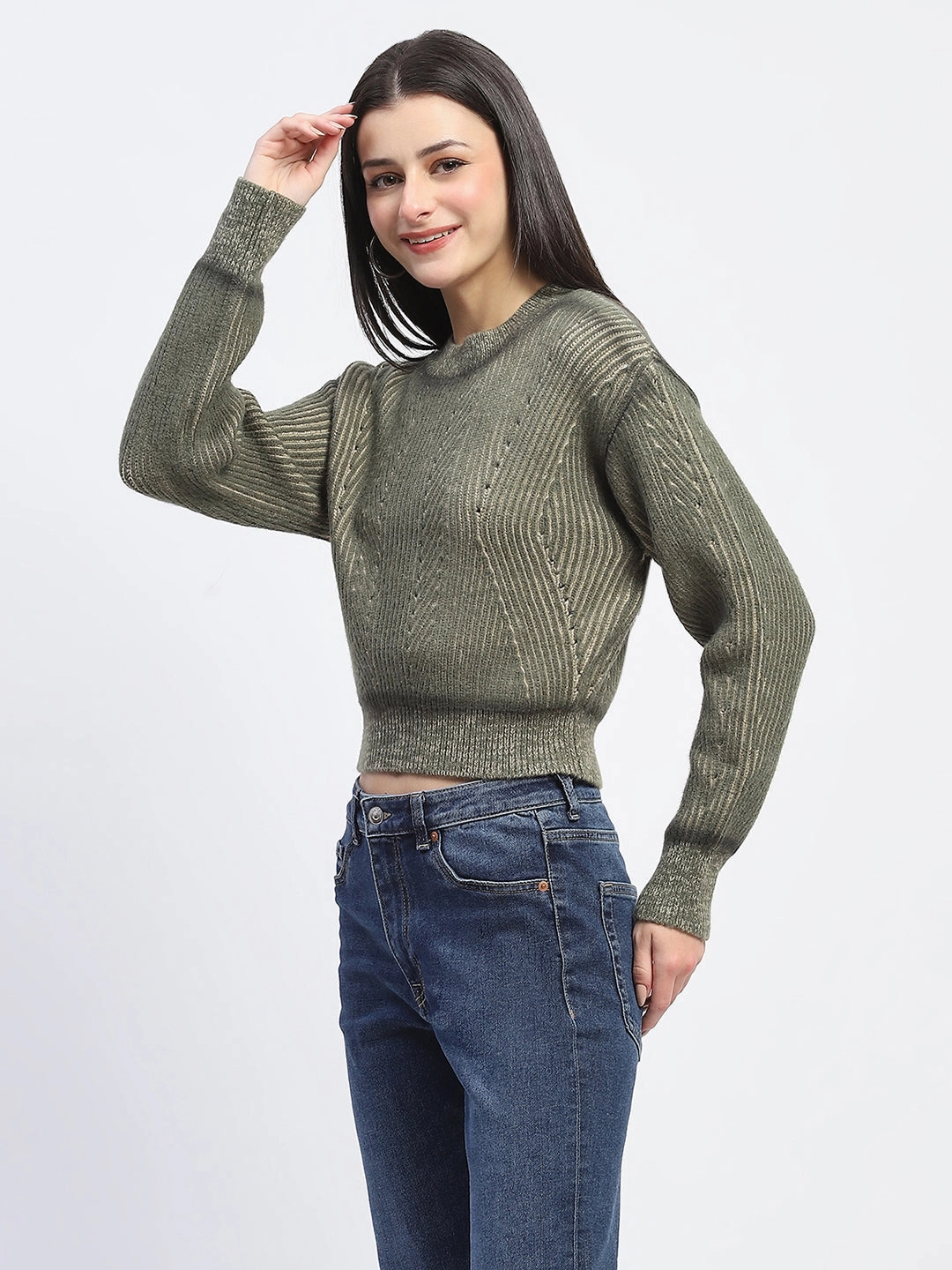 Eco Conscious Manufacturing Sleek Comfort Fit Madame Geometric Print Ribbed Cuffs Green Sweater