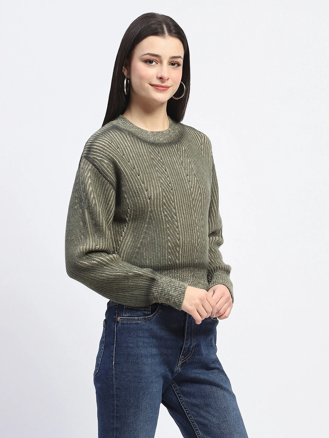 Madame Geometric Print Ribbed Cuffs Green Sweater Chilly Days Wear