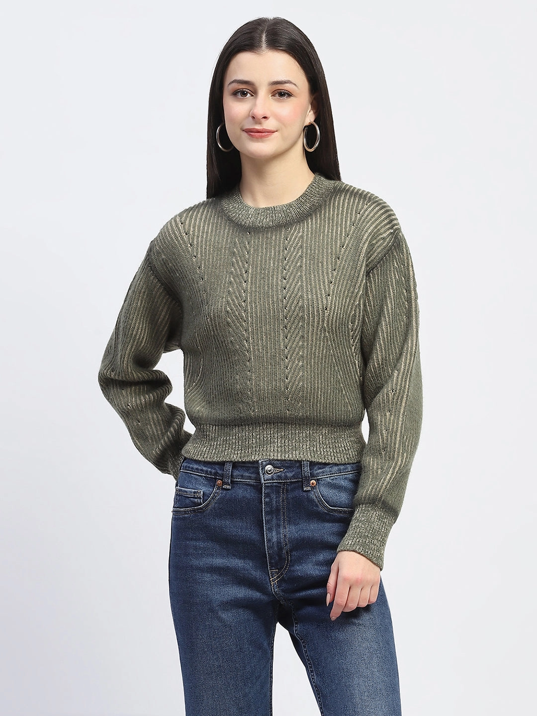 Cozy Style Wear Madame Geometric Print Ribbed Cuffs Green Sweater