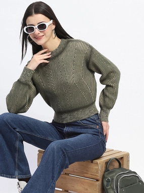 Madame Geometric Print Ribbed Cuffs Green Sweater Soft Touch Winter Style