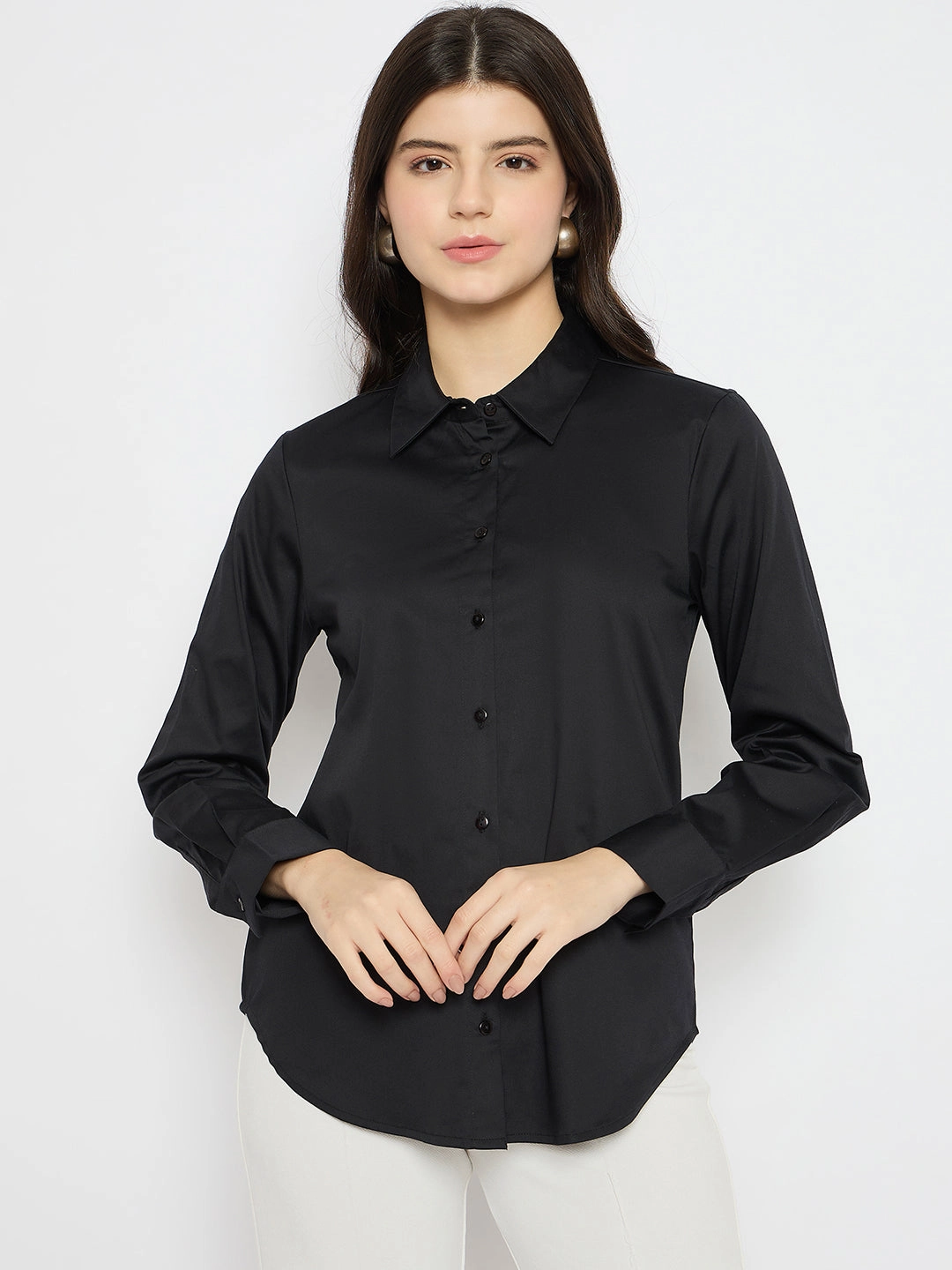 Social Meetup Madame Solid Black Cotton Blend Shirt