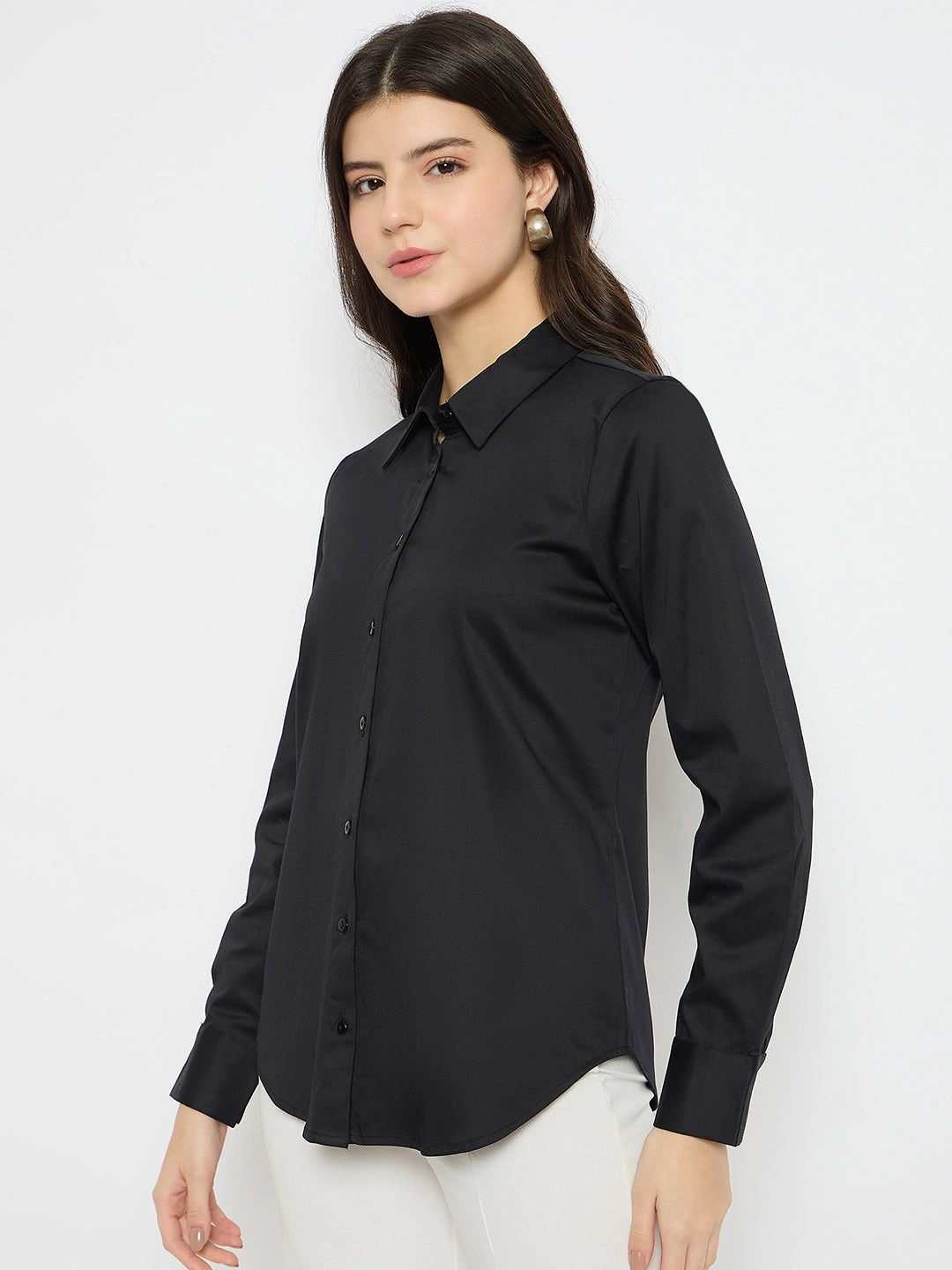 Pocket Detailing Comfortable fit Madame Solid Black Cotton Blend Shirt