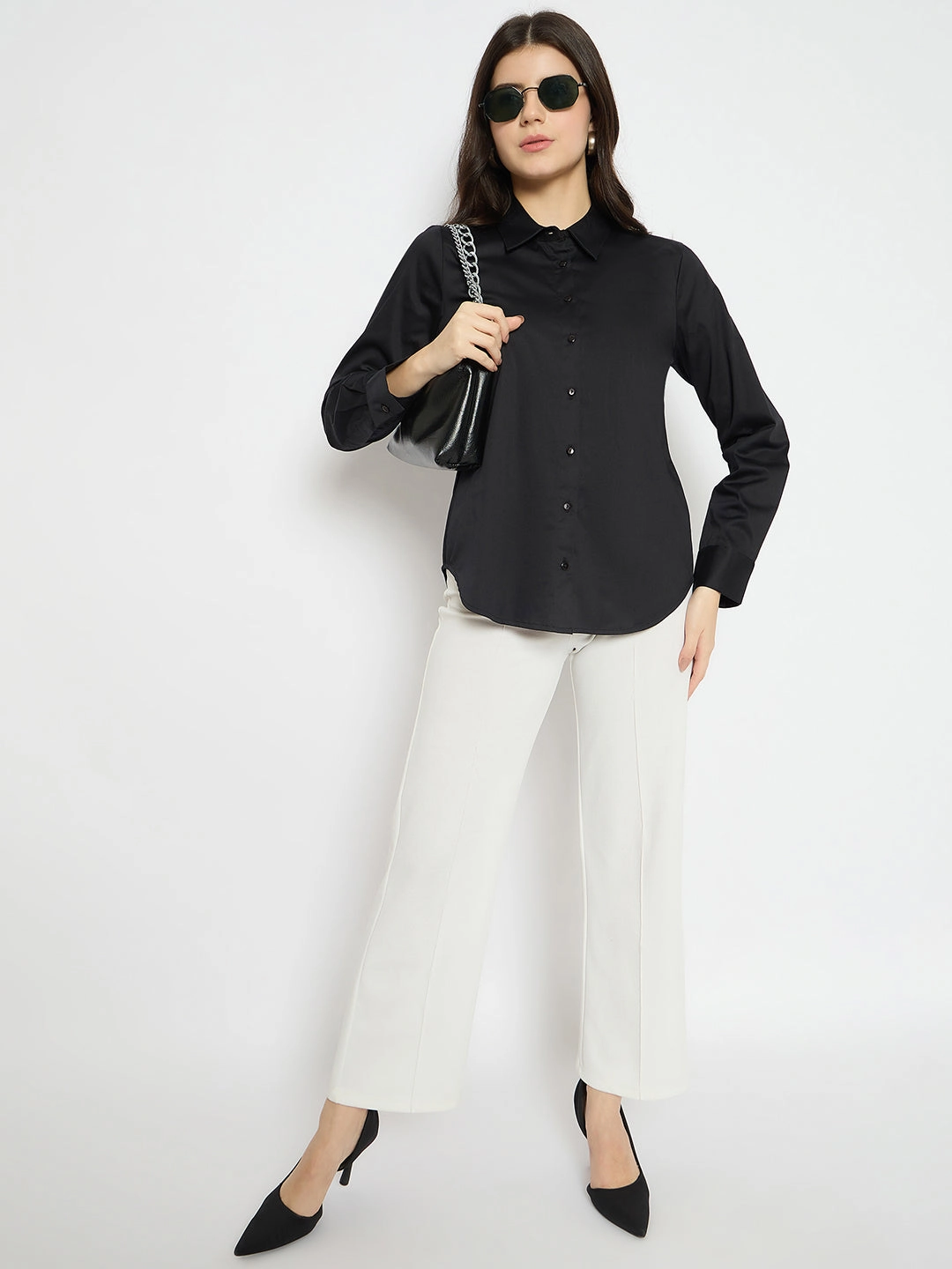 Madame Solid Black Cotton Blend Shirt Functional Fashion Wrinkle-Resistant
