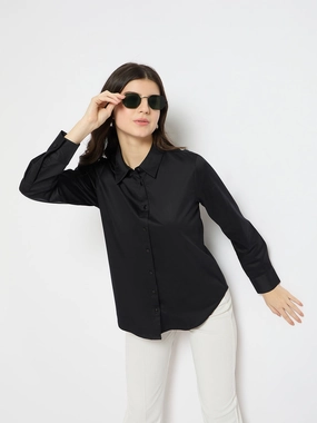 Madame Solid Black Cotton Blend Shirt Solid Hue Versatile Design