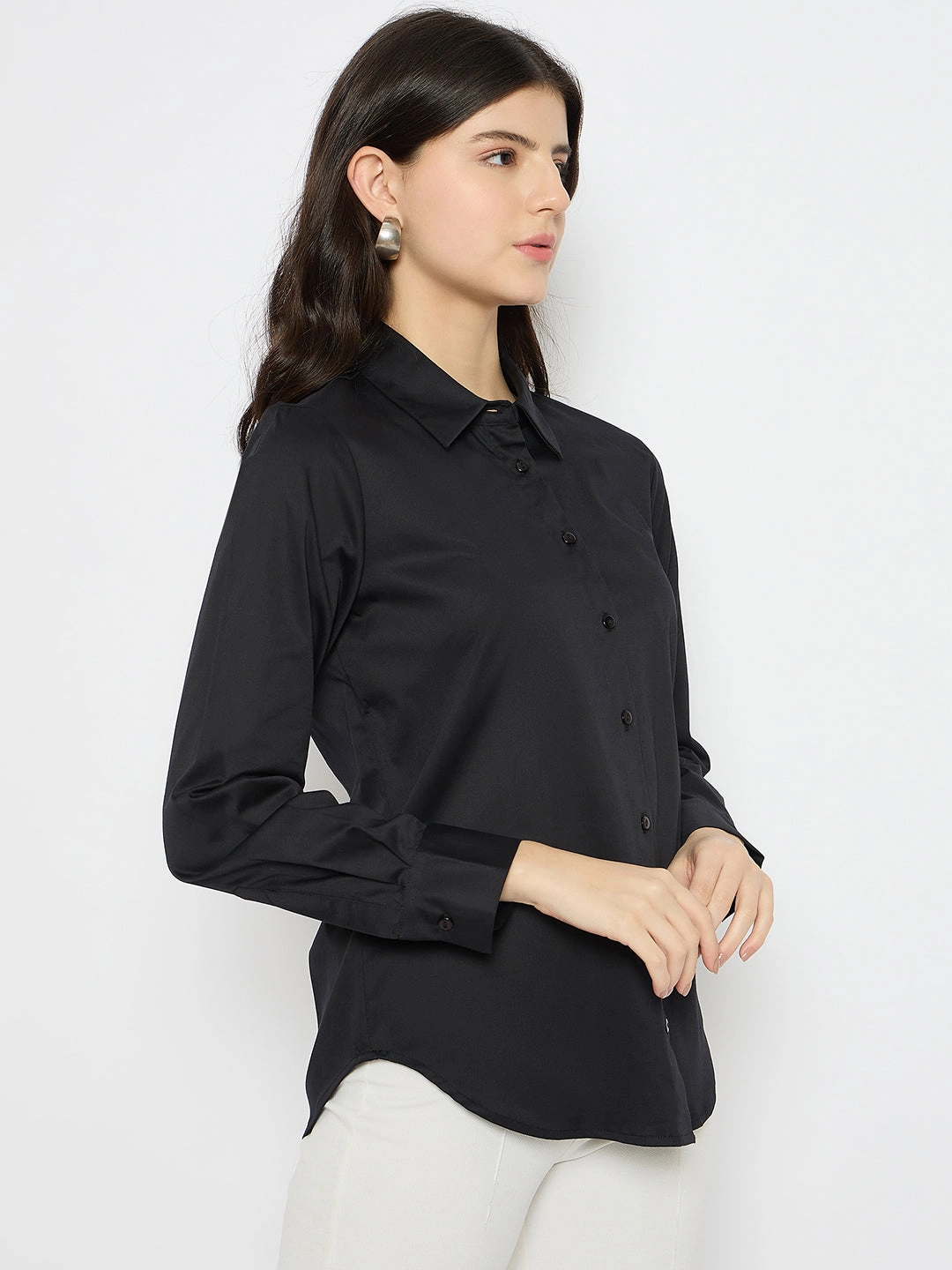 Madame Solid Black Cotton Blend Shirt Anniversary Celebration Minimal Design
