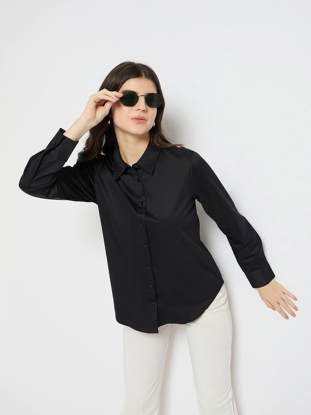 Madame Solid Black Cotton Blend Shirt Solid Hue Versatile Design