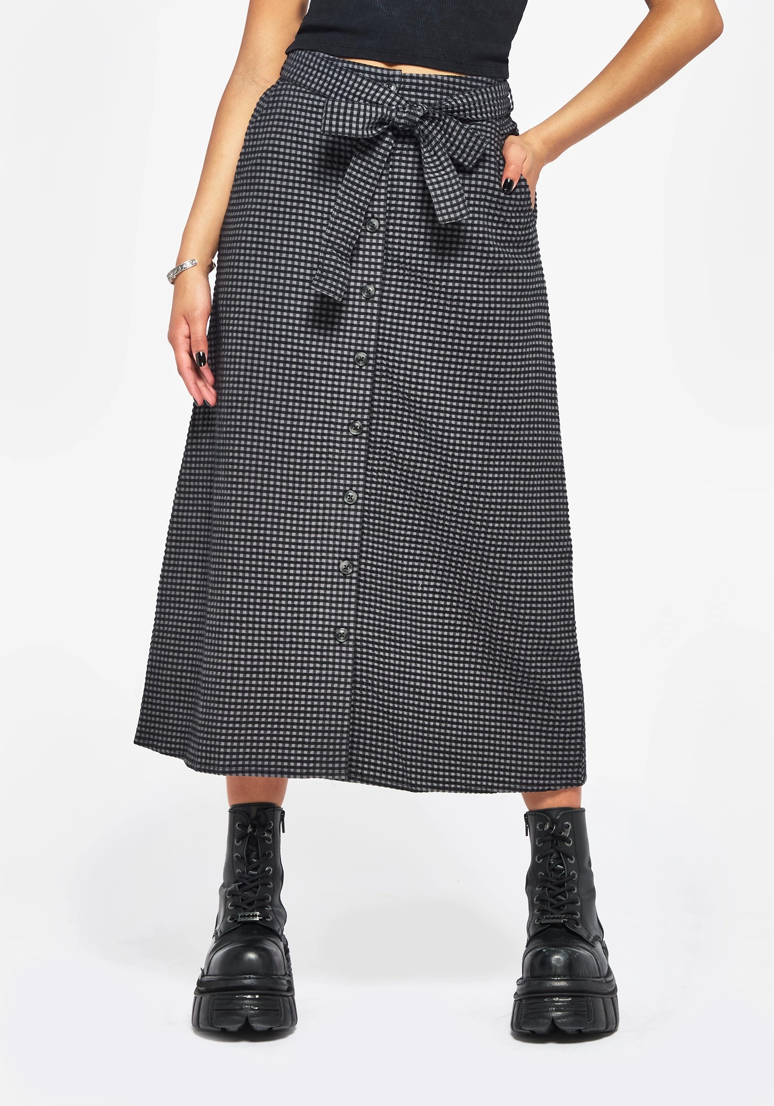 Organic Cotton Inverted Pleats Faythe Cotton Check Button Up Midi Skirt